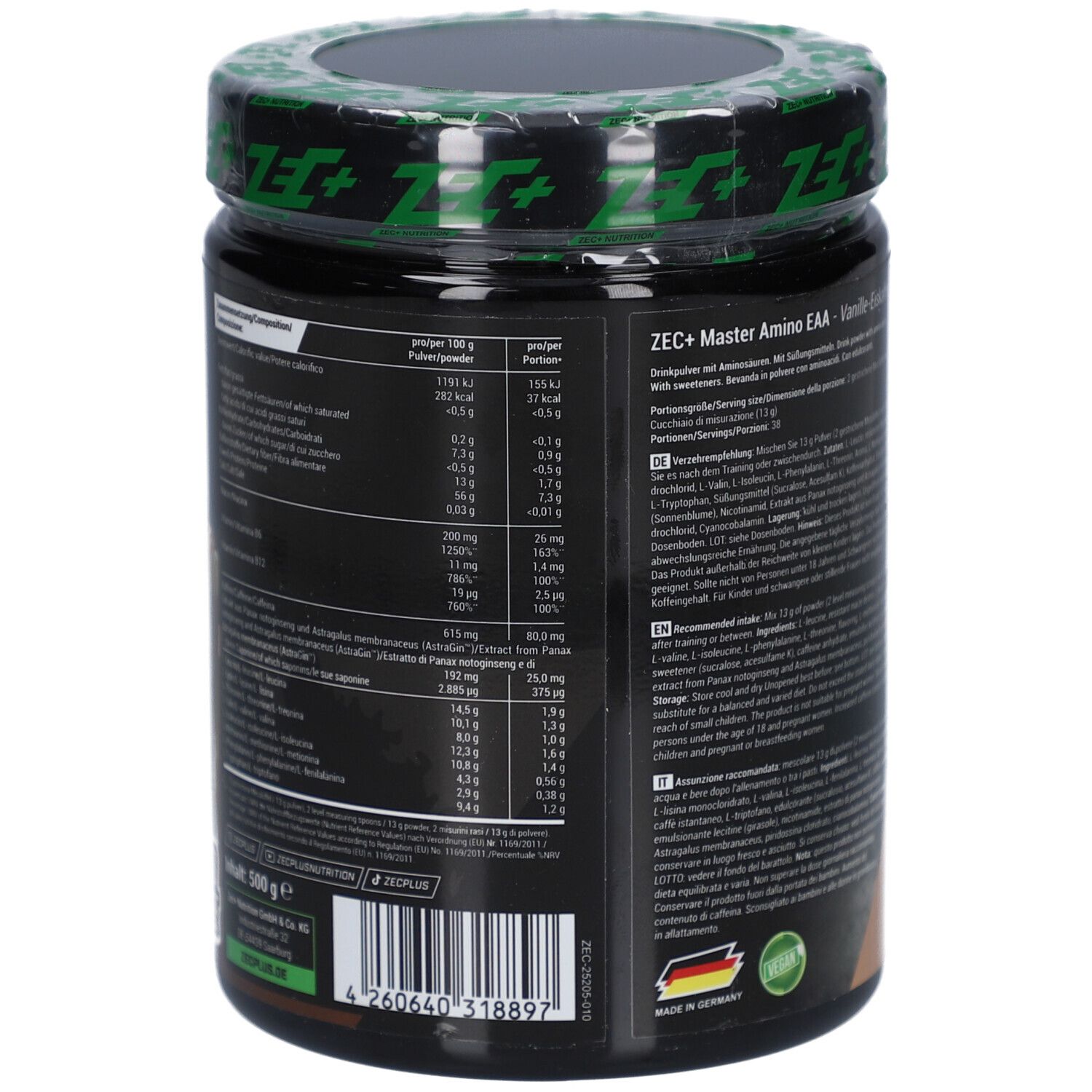 Pot de produit avec texte. Inscription "ZEC+ Nutrition" et "MASTER AMINO". Texte en allemand. Avec drapeau allemand.