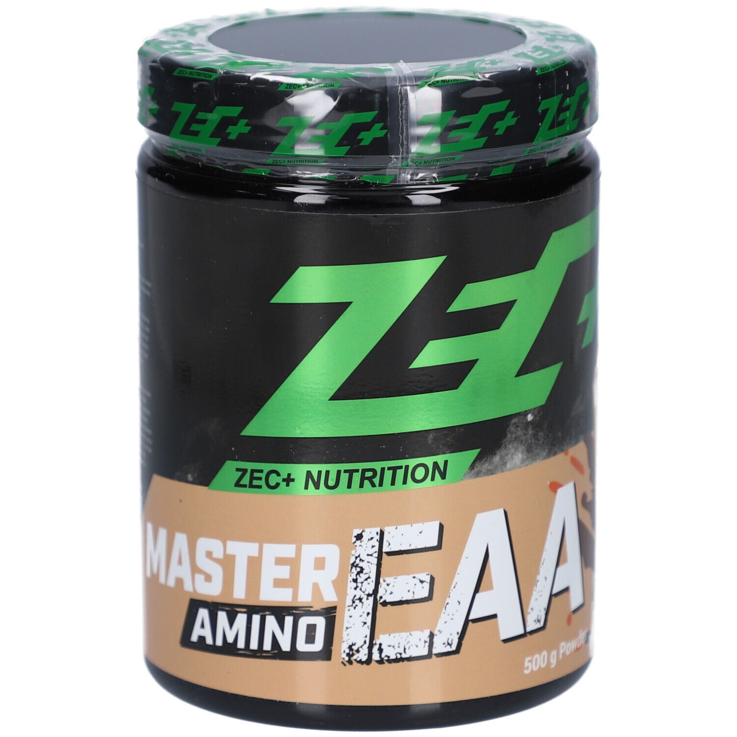 Pot noir avec couvercle vert. Inscription "ZEC+" et "MASTER AMINO EAA". Zone marron avec "500 g Powder".