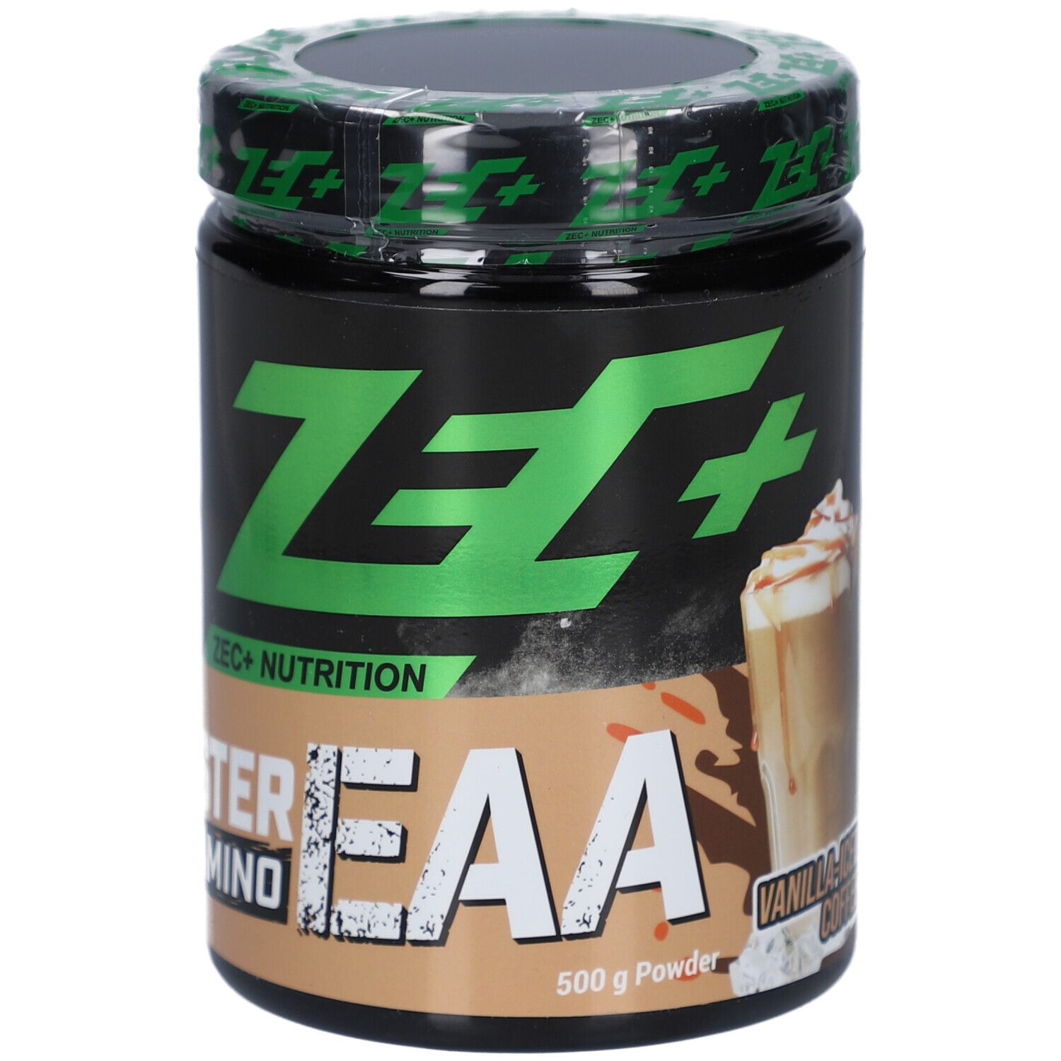 Pot noir avec couvercle vert. Inscription "ZEC+" et "MASTER AMINO EAA". Zone marron avec "500 g Powder".