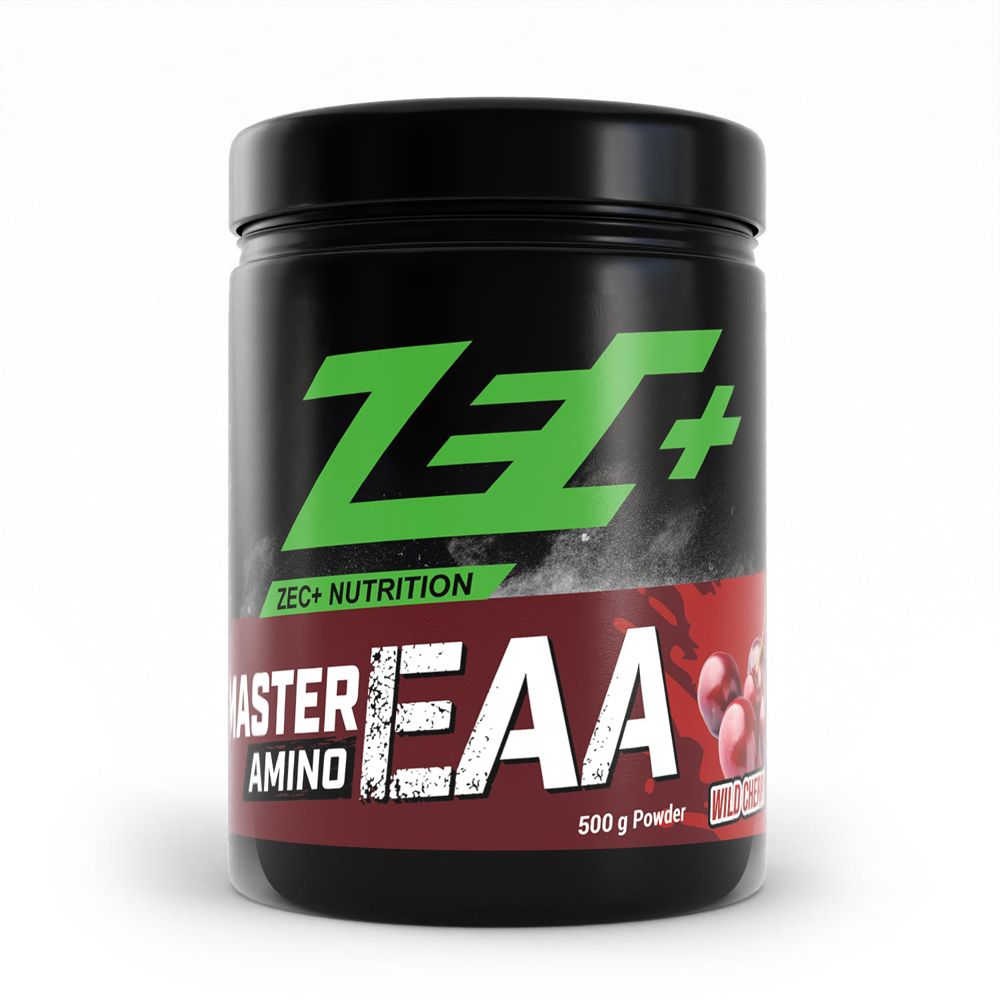 Schwarzer Behälter mit ZEC+ Logo und "MASTER AMINO EAA" Aufschrift. 500g Pulver.