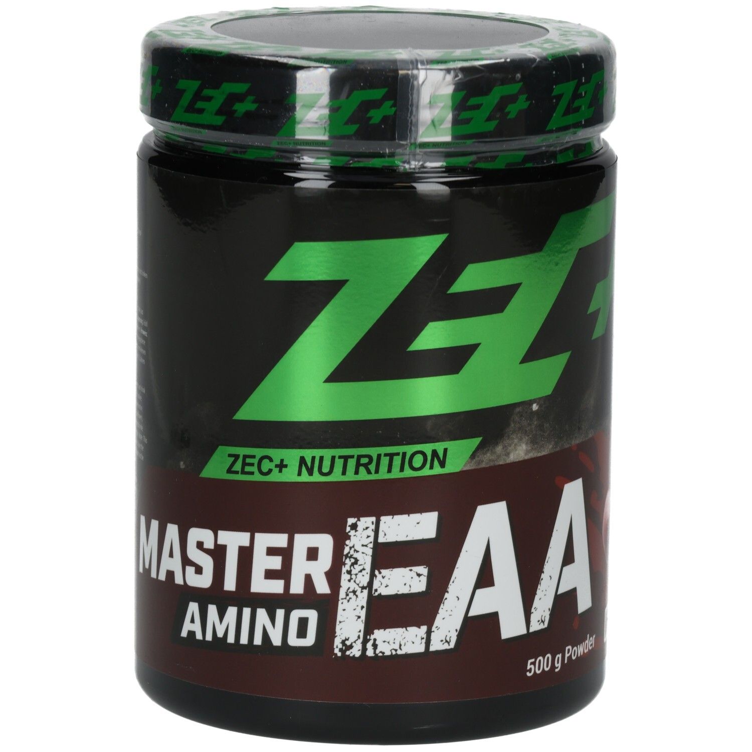 Boîte noire avec logo ZEC+ vert et texte bleu. Inscription : AMINO EAA, 500 g Powder.