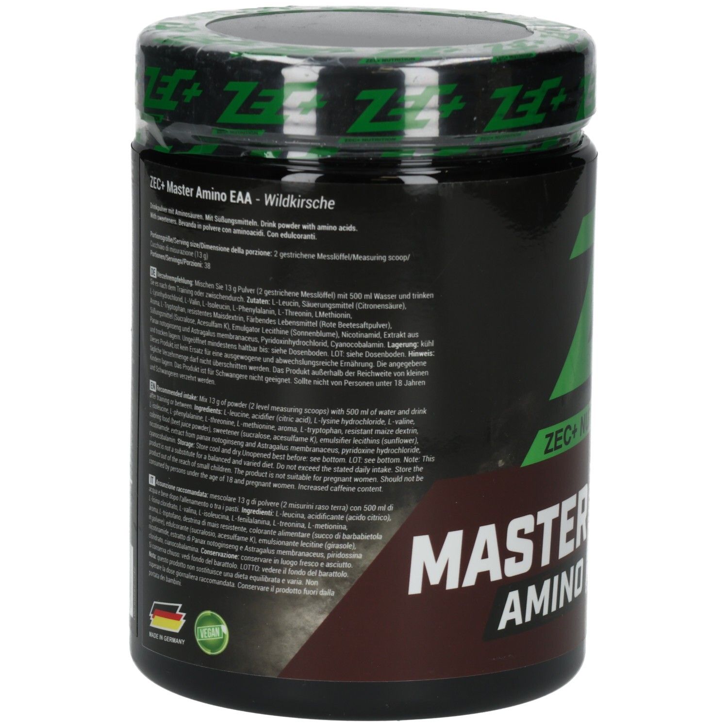 Boîte noire avec informations nutritionnelles et logo ZEC+ vert. Contient des informations sur les protéines et les vitamines.