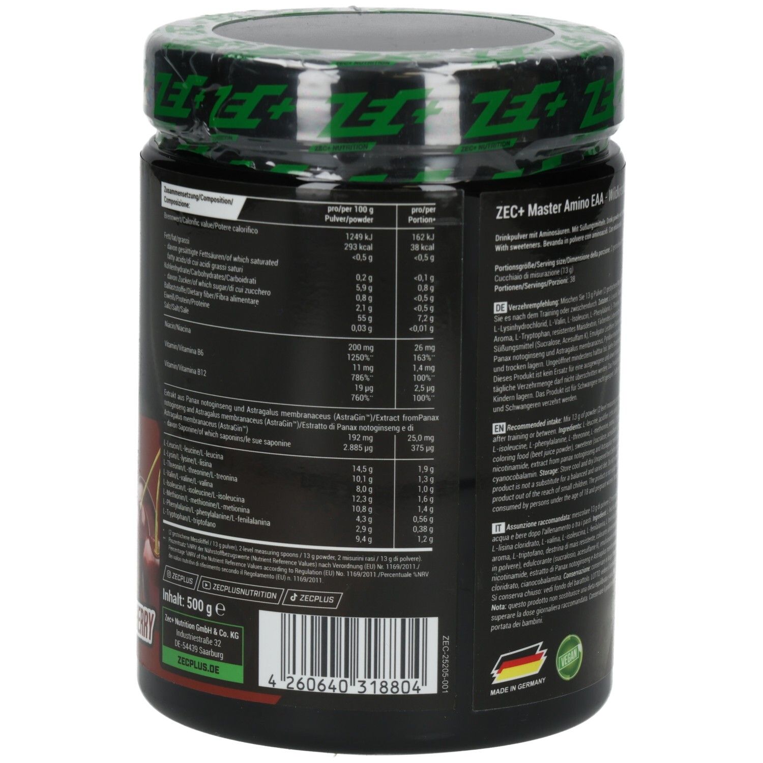 Boîte noire avec texte et informations nutritionnelles. Contient des informations sur l'utilisation et les ingrédients. Avec 'Made in Germany'.