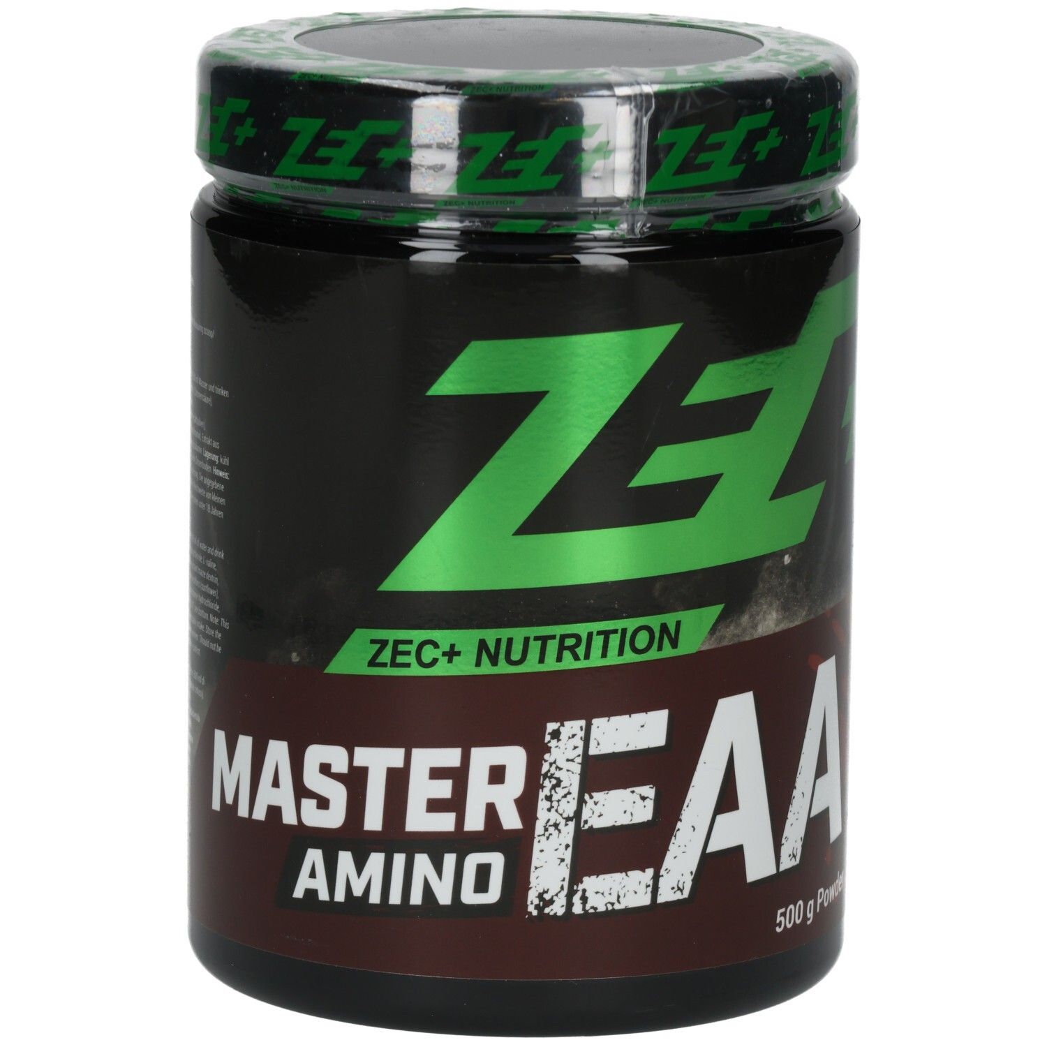 Boîte noire avec logo ZEC+ vert et texte bleu. Inscription : AMINO EAA, 500 g Powder.
