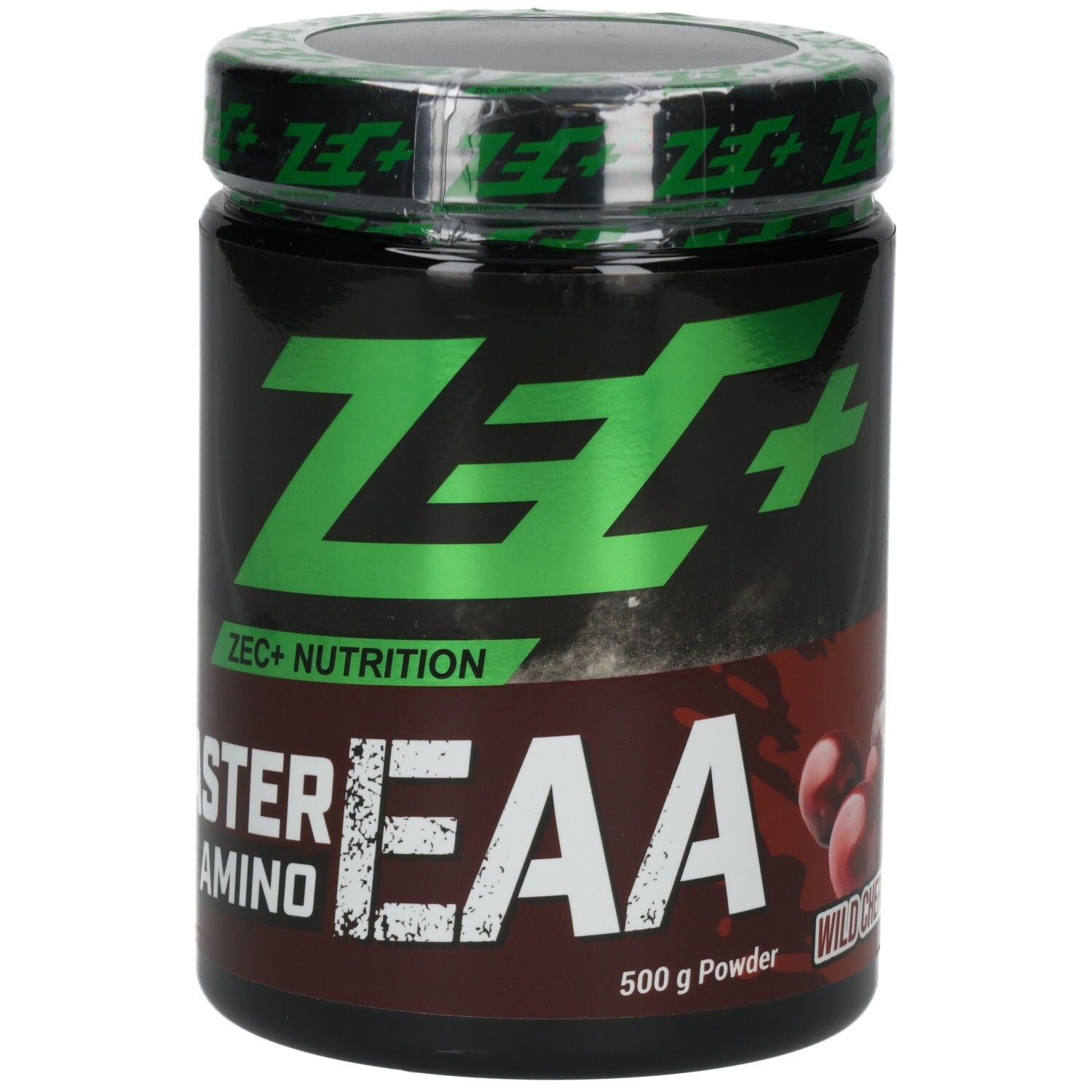 Boîte noire avec logo ZEC+ vert et texte bleu. Inscription : AMINO EAA, 500 g Powder, Wildkirsche.