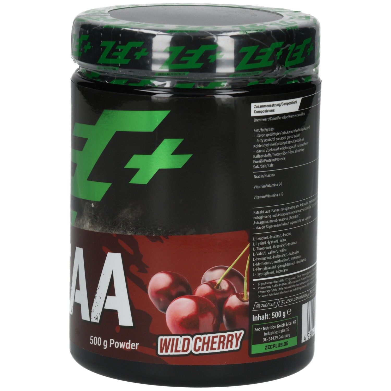 Boîte noire avec logo ZEC+ vert et texte. Inscription : EAA PLUS FORMULA, Wildkirsche, 500 g.