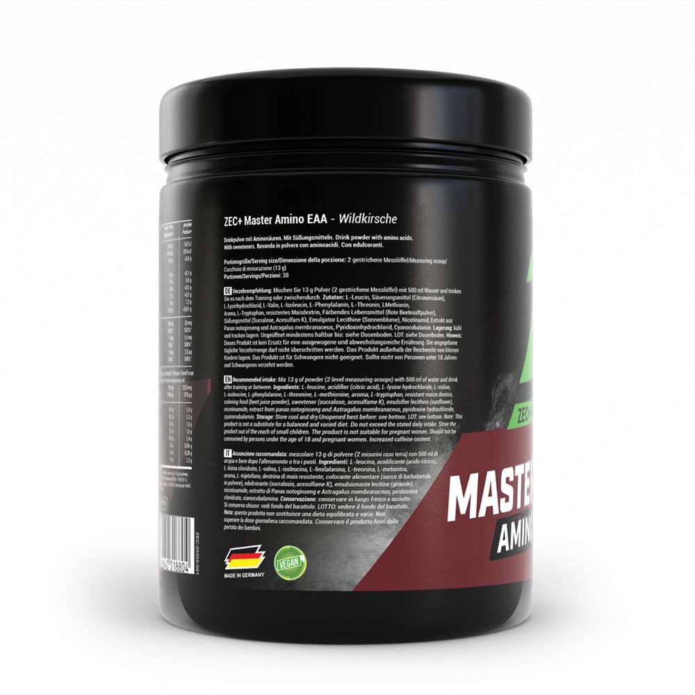Rückseite des Behälters mit "MASTER AMINO EAA" und Siegeln "Made in Germany", "Vegan".
