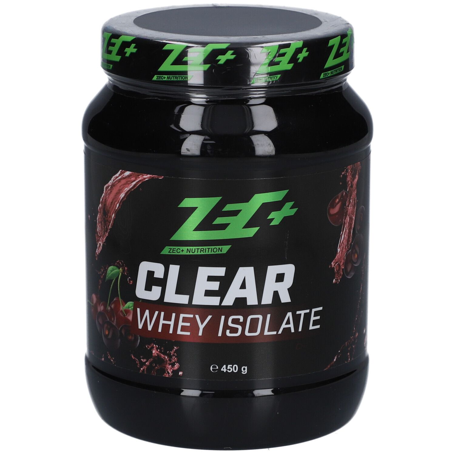 Pot noir avec couvercle vert. Inscription : ZEC+ CLEAR WHEY ISOLATE. Graphique de cerises. 450 g.