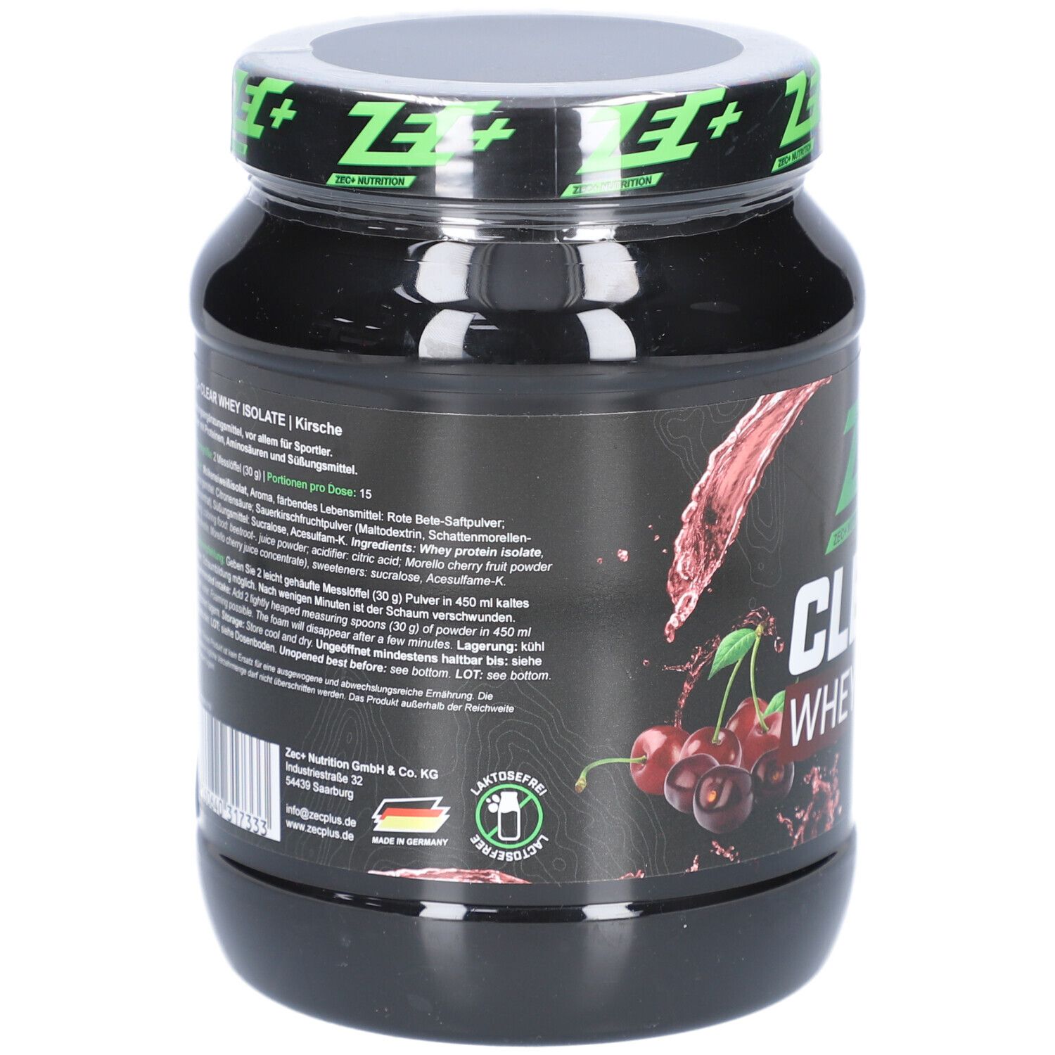Pot noir avec étiquette. Inscription : ZEC+ CLEAR WHEY ISOLATE. Graphique de cerises. Détails et informations nutritionnelles.