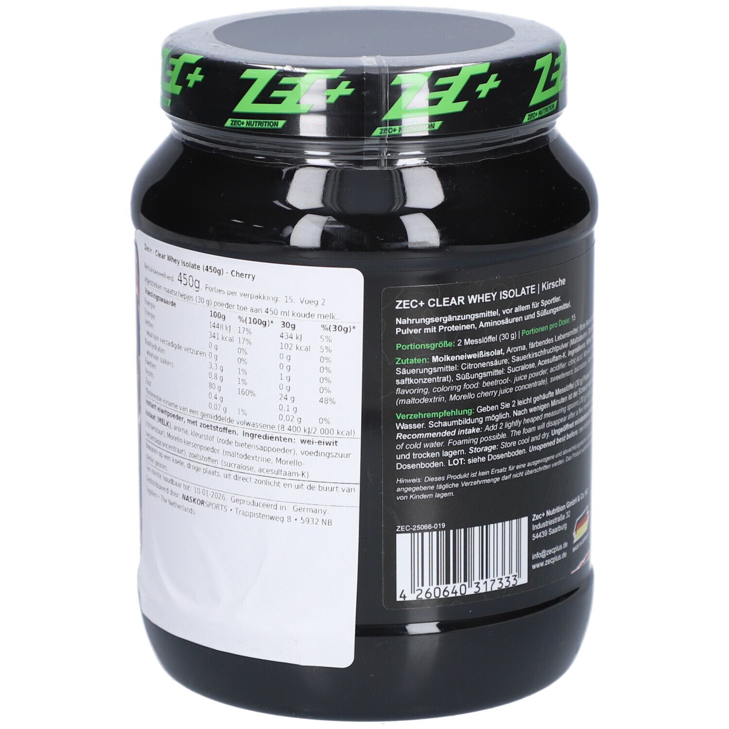 Pot noir avec étiquette. Inscription : ZEC+ CLEAR WHEY ISOLATE. Informations nutritionnelles et liste des ingrédients.