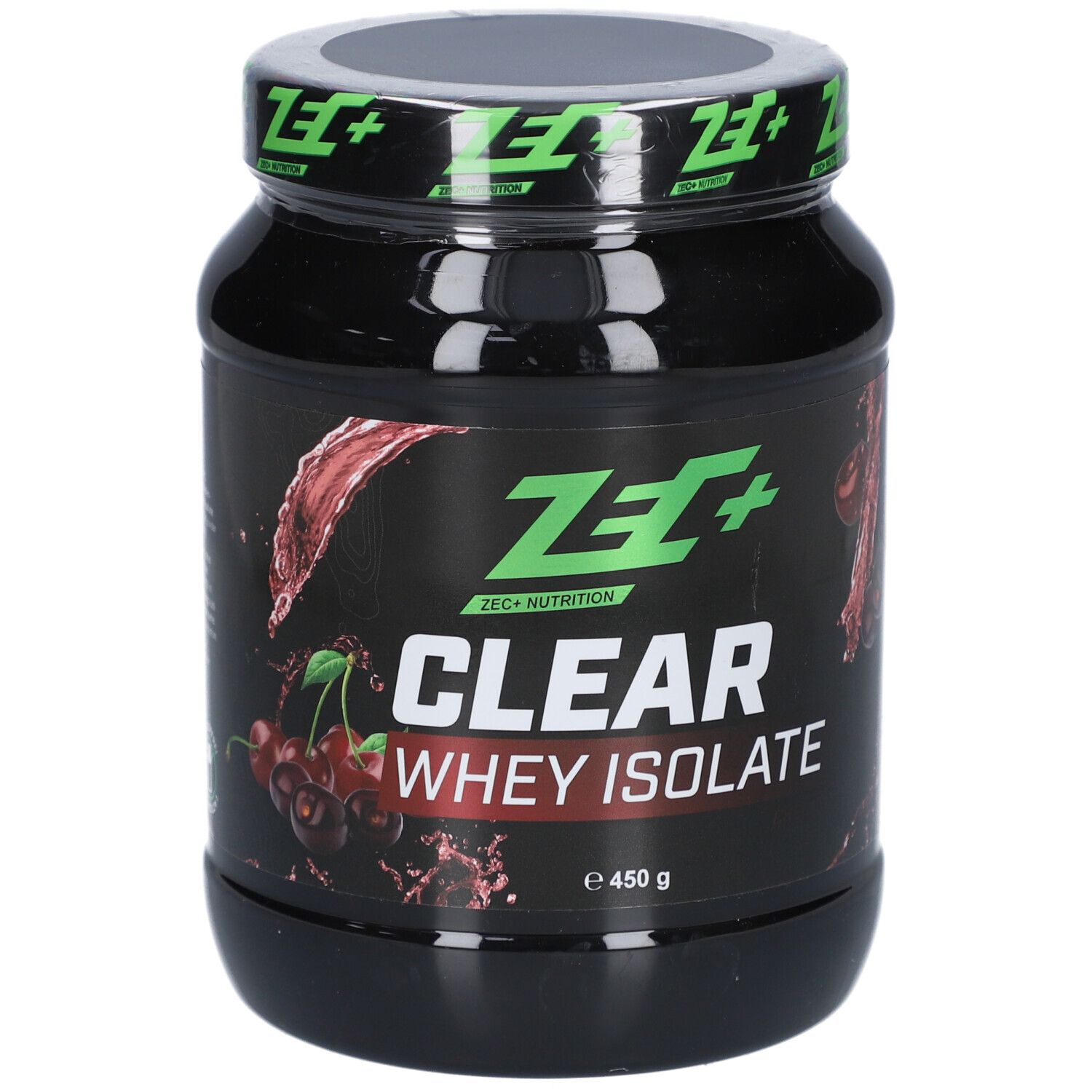 Pot noir avec couvercle vert. Inscription : ZEC+ CLEAR WHEY ISOLATE. Graphique de cerises. 450 g.