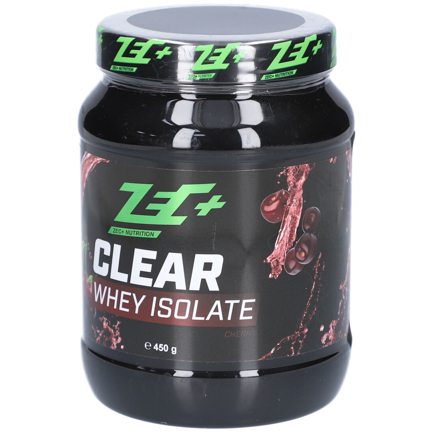 Pot noir avec couvercle vert. Inscription : ZEC+ CLEAR WHEY ISOLATE. Graphique de cerises. 450 g.