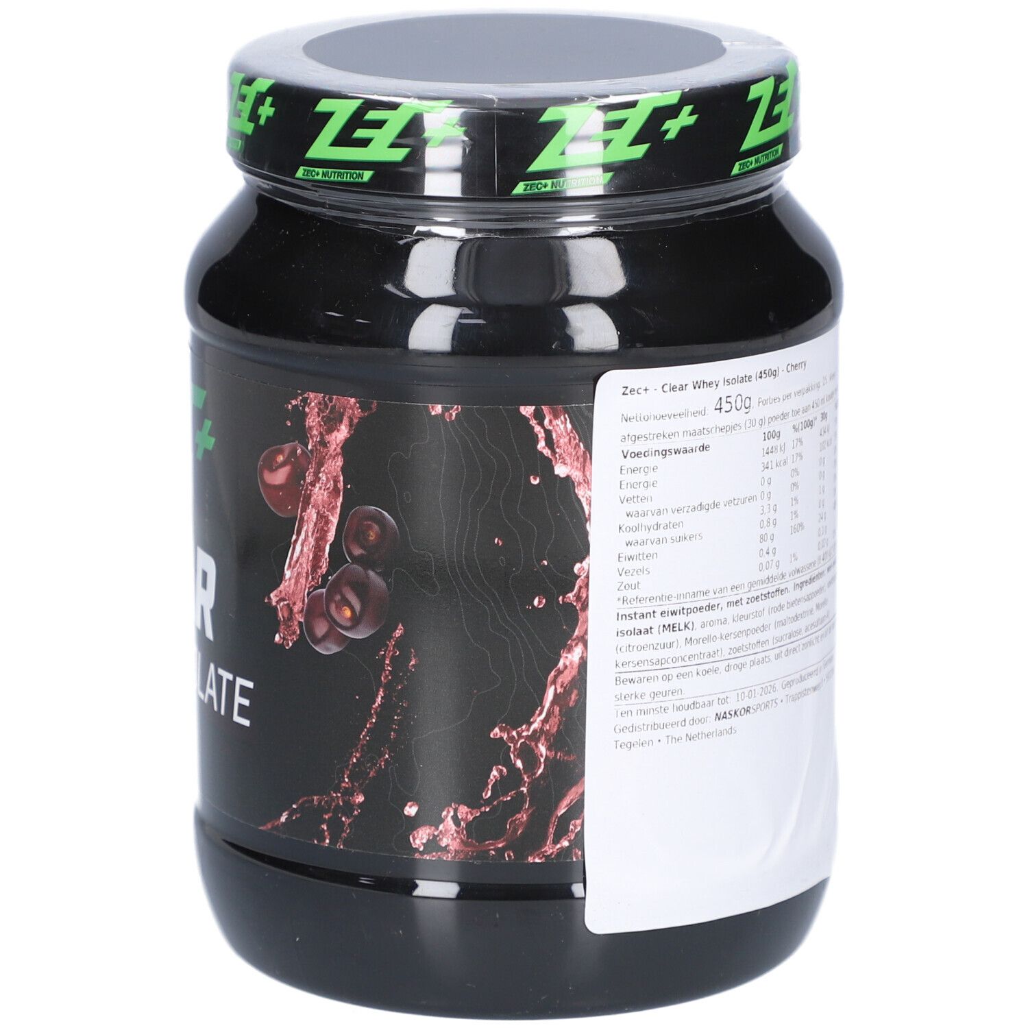 Pot noir avec étiquette. Inscription : ZEC+ CLEAR WHEY ISOLATE. Graphique de cerises. Informations nutritionnelles.