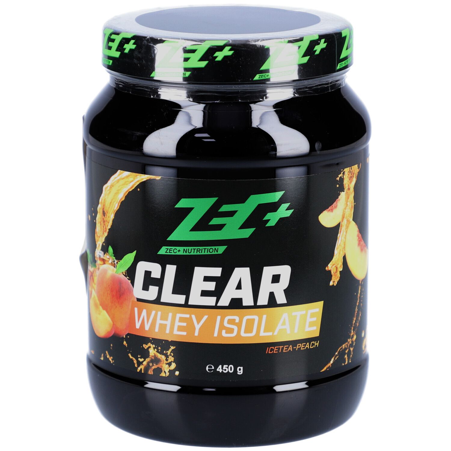 Pot de protéine noir avec couvercle vert. Logo ZEC+ et CLEAR WHEY ISOLATE. Pêche-thé glacé.