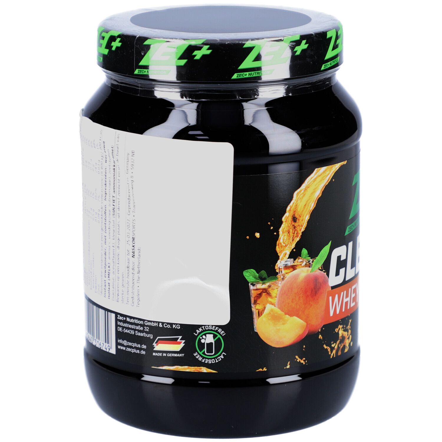 Pot de protéine noir avec étiquette blanche. Logo ZEC+ et CLEAR WHEY ISOLATE. Pêche-thé glacé.
