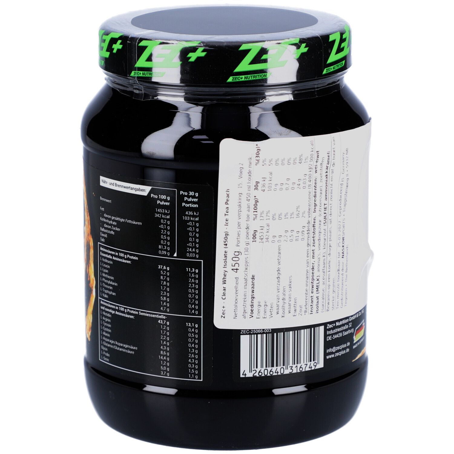 Dos du pot de protéine noir. Contient des informations nutritionnelles et d'autres informations.