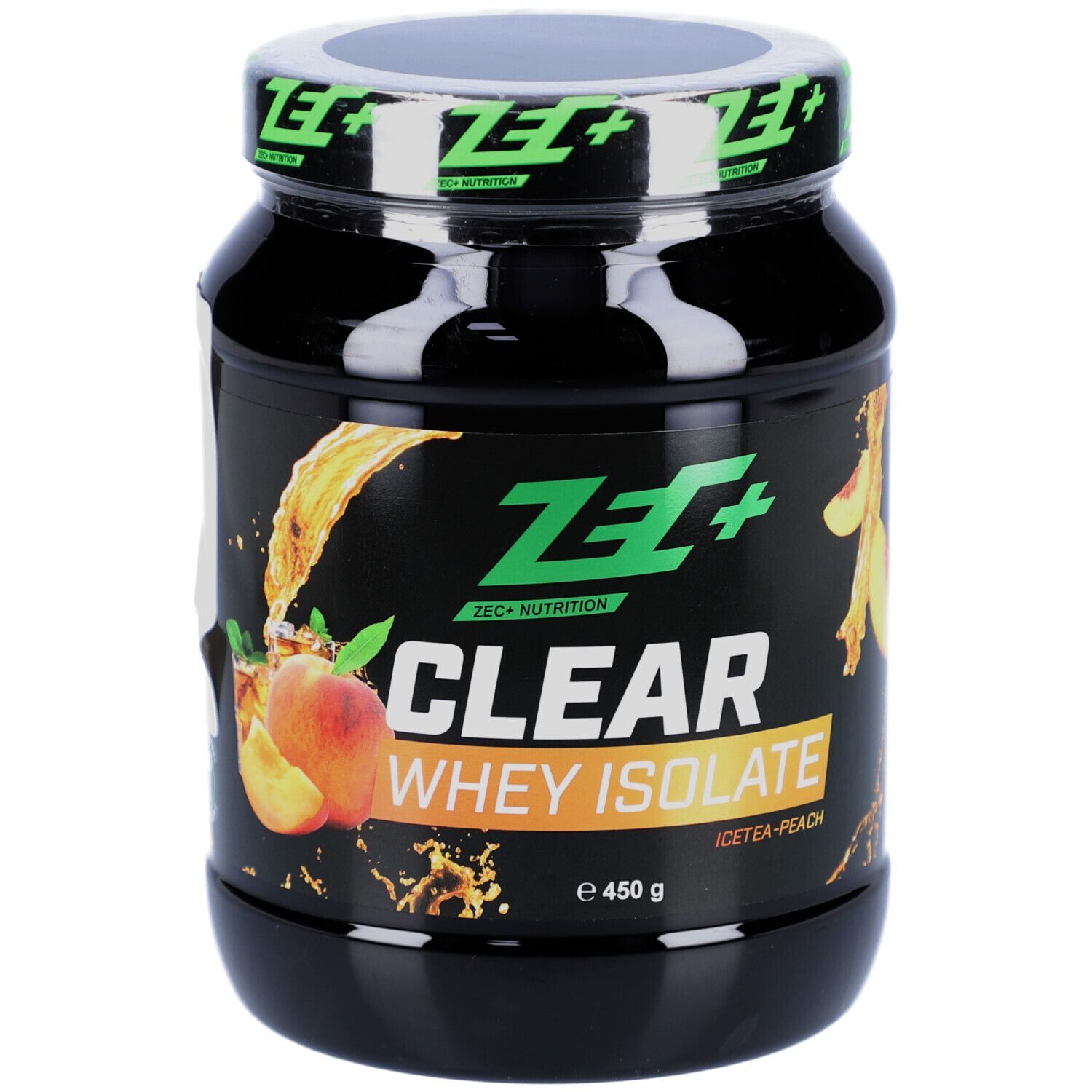 Pot de protéine noir avec couvercle vert. Logo ZEC+ et CLEAR WHEY ISOLATE. Pêche-thé glacé.