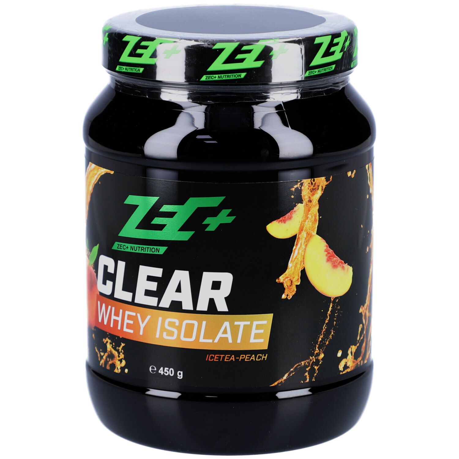 Pot de protéine noir avec couvercle vert. Logo ZEC+ et CLEAR WHEY ISOLATE. Pêche-thé glacé.