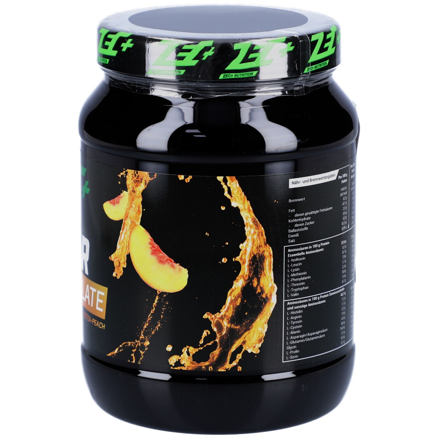 Dos du pot de protéine noir. Contient des informations nutritionnelles et d'autres informations.