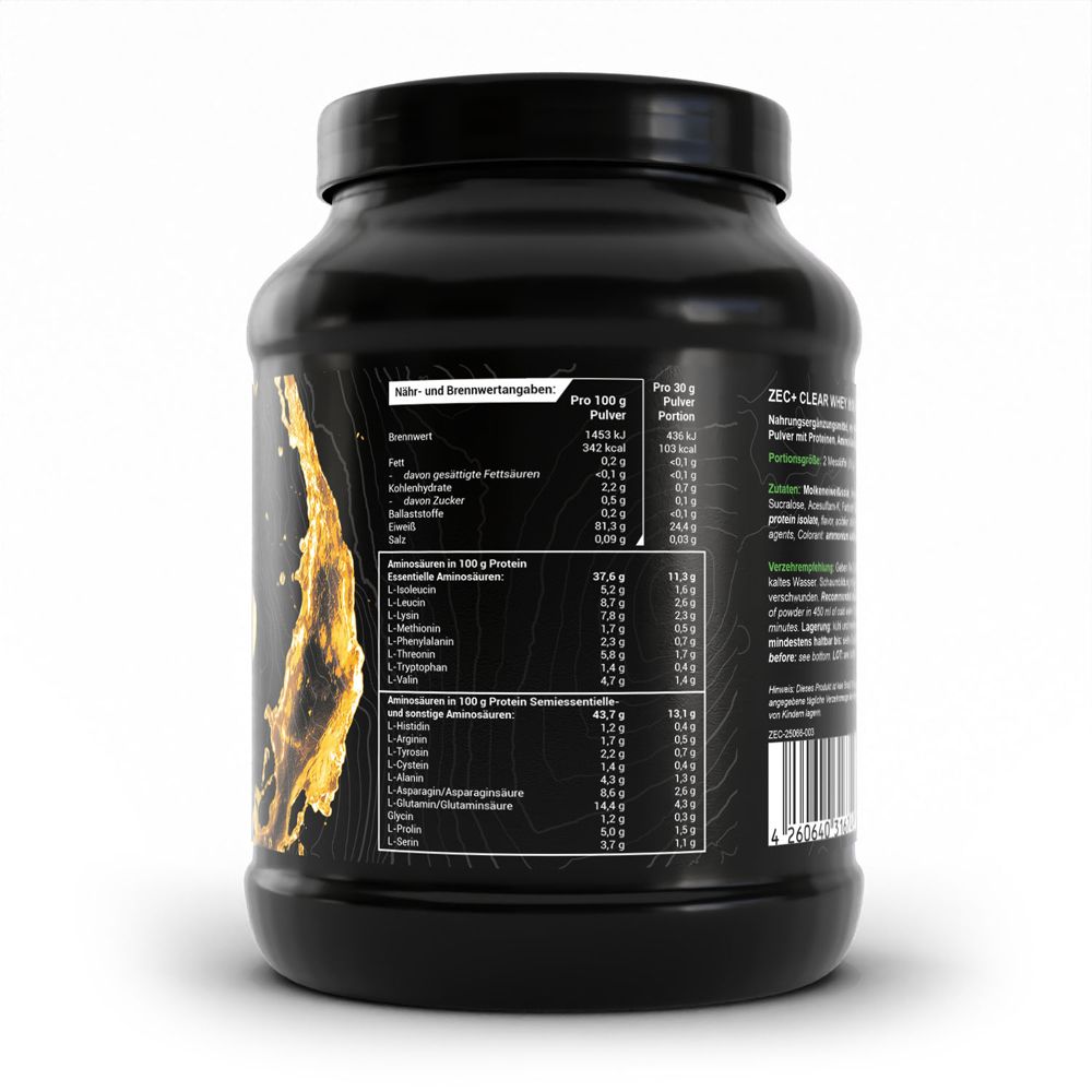 Dos du pot de protéine noir. Contient des informations nutritionnelles, des acides aminés et d'autres informations.