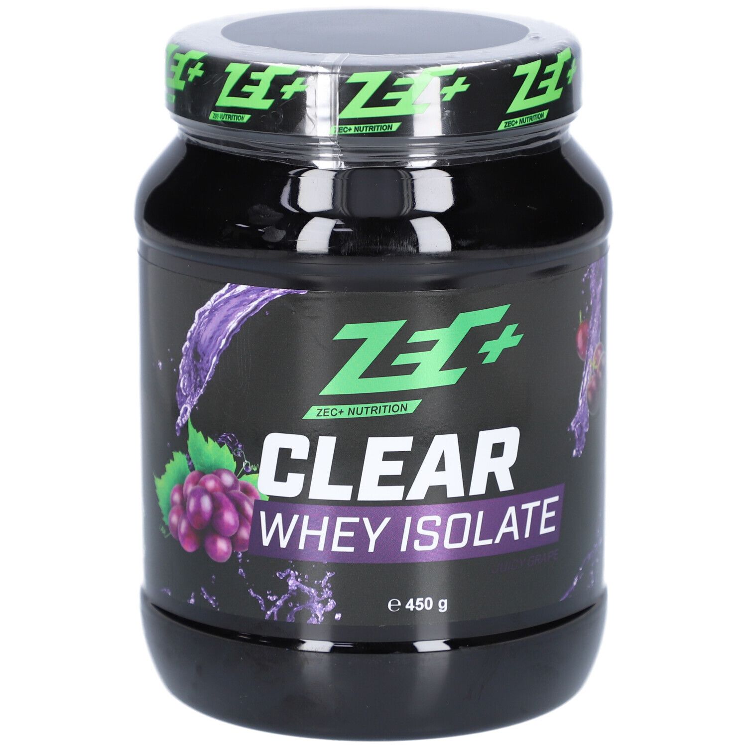 Schwarze Dose mit grünem Deckel. Aufschrift: ZEC+ CLEAR WHEY ISOLATE. Abbildung von Trauben. 450 g.
