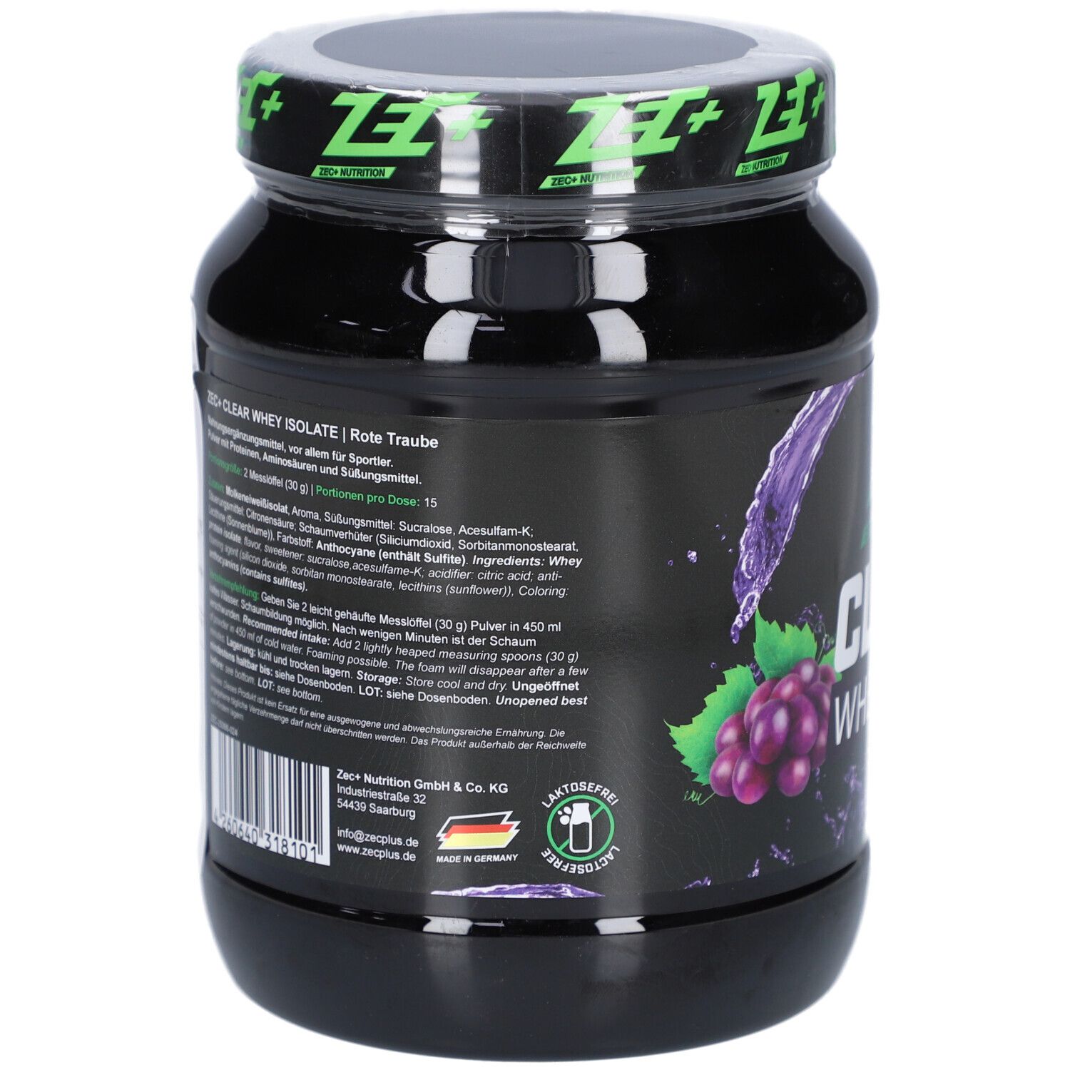 Rückseite der Dose. Aufschrift: ZEC+ CLEAR WHEY ISOLATE. Abbildung von Trauben. Informationen und Nährwertangaben.