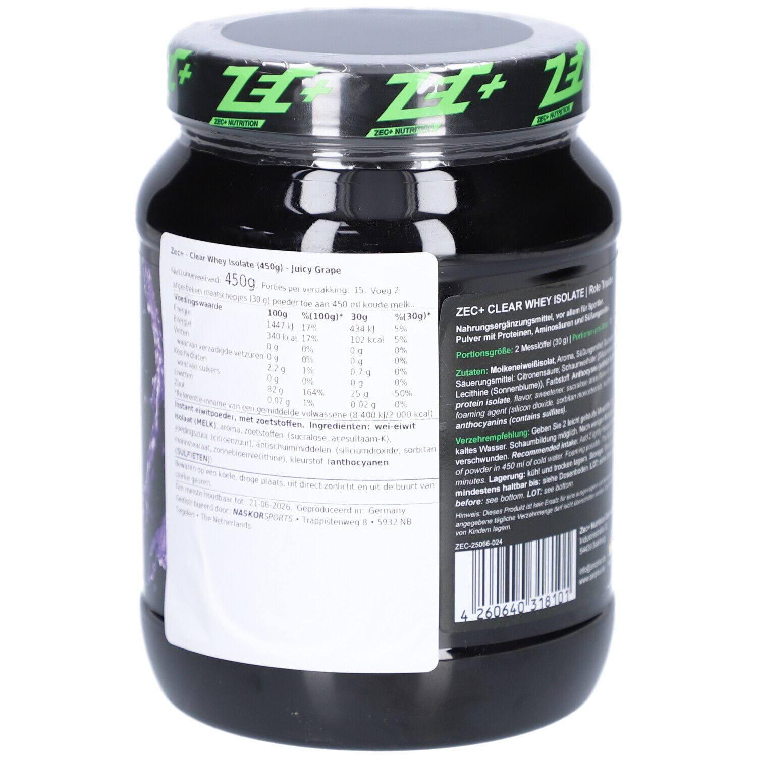 Rückseite der Dose. Aufschrift: ZEC+ CLEAR WHEY ISOLATE. Nährwertangaben und Zutatenliste. 450g.