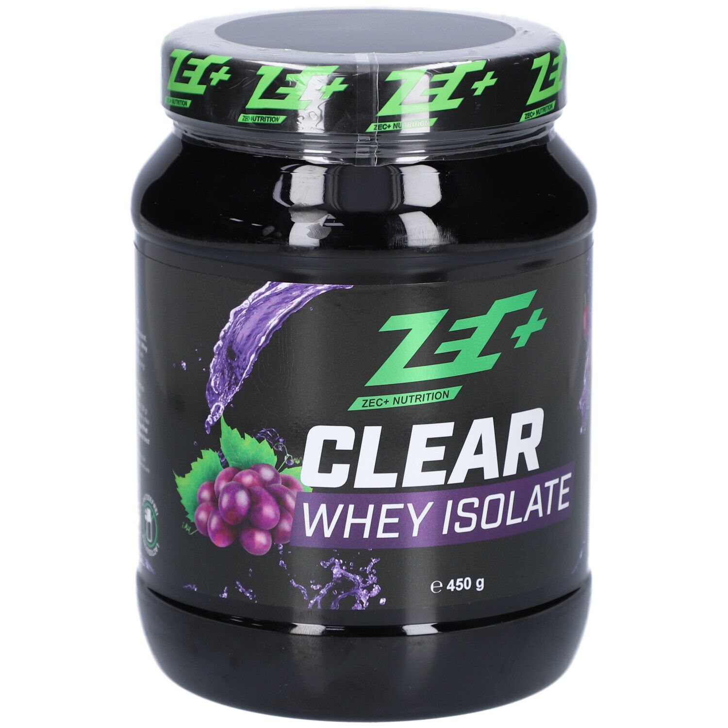 Schwarze Dose mit grünem Deckel. Aufschrift: ZEC+ CLEAR WHEY ISOLATE. Abbildung von Trauben. 450 g.