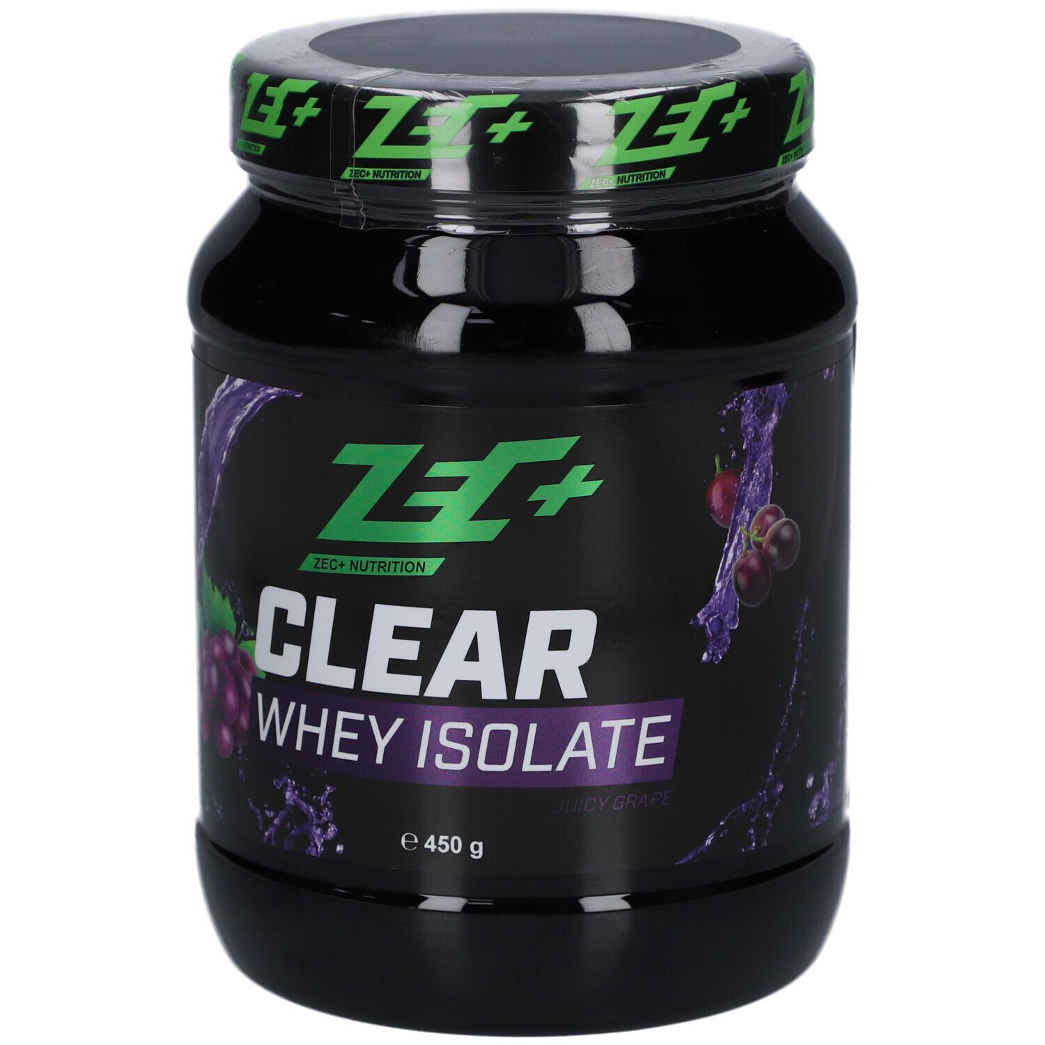 Schwarze Dose mit grünem Deckel. Aufschrift: ZEC+ CLEAR WHEY ISOLATE. Abbildung von Trauben. 450 g.