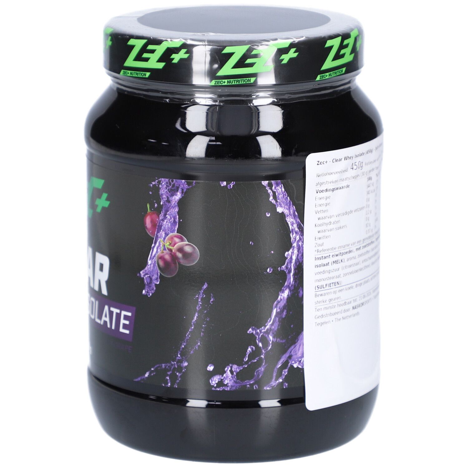 Dose mit grünem Deckel. Aufschrift: ZEC+ CLEAR WHEY ISOLATE. Abbildung von Trauben. 450 g. Teilweise Etikett.