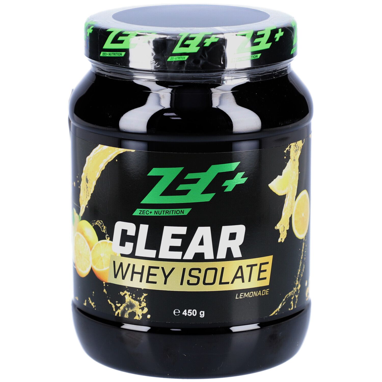 Boîte noire ZEC+ CLEAR WHEY ISOLATE. Inscription : Lemonade, 450 g. Couvercle avec logo vert.