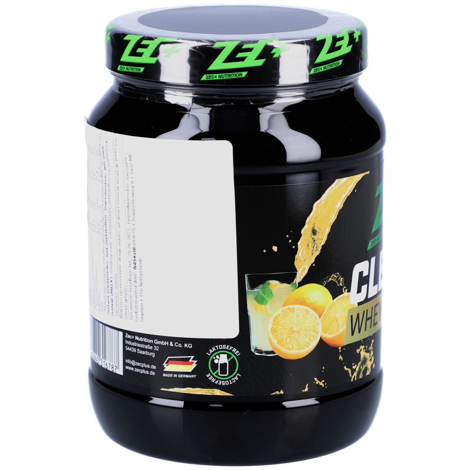 Boîte noire ZEC+ CLEAR WHEY ISOLATE. Inscription : Lemonade. Étiquette avec informations. Couvercle avec logo.