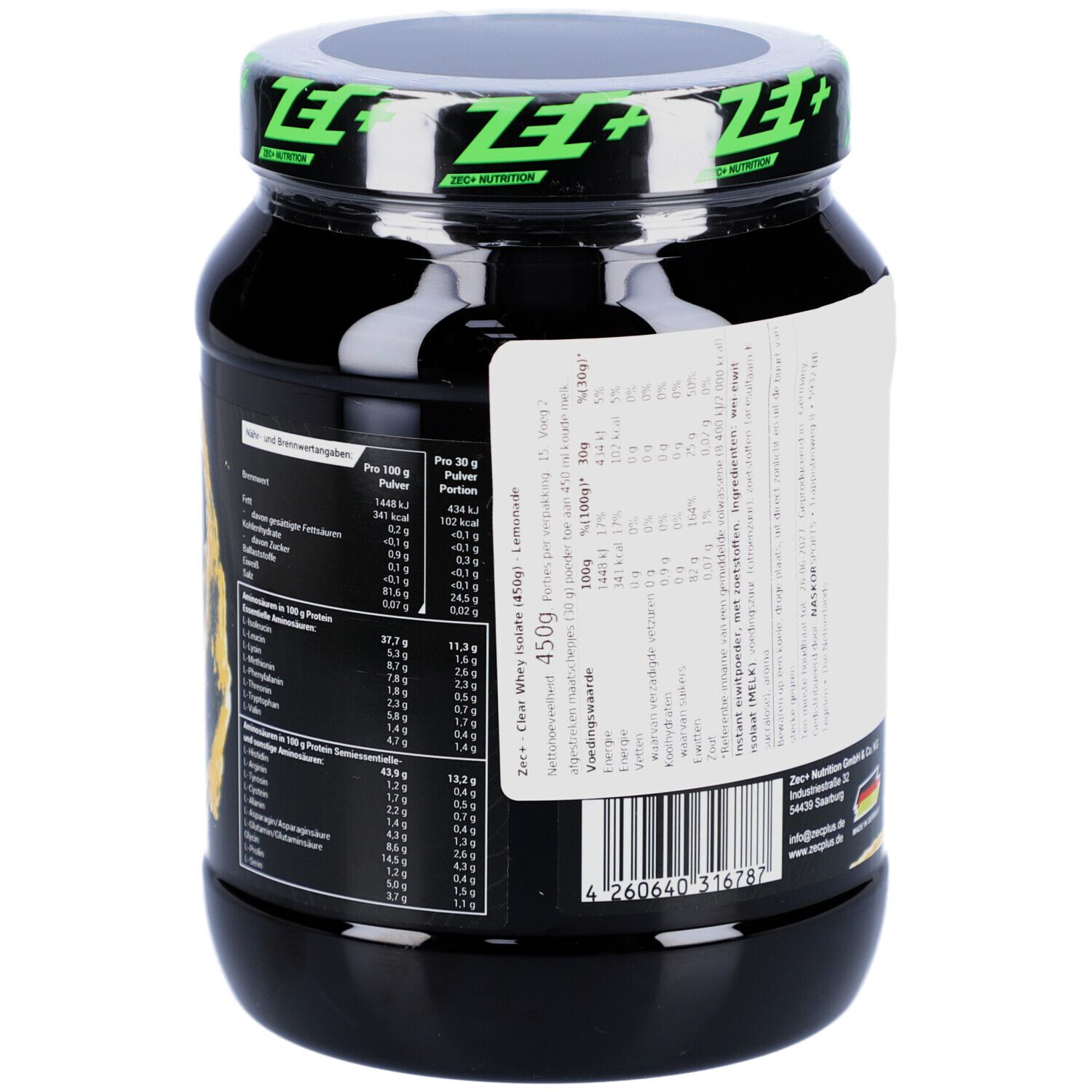 Boîte noire ZEC+ CLEAR WHEY ISOLATE. Inscription : Lemonade. Étiquette avec informations nutritionnelles. Couvercle avec logo.