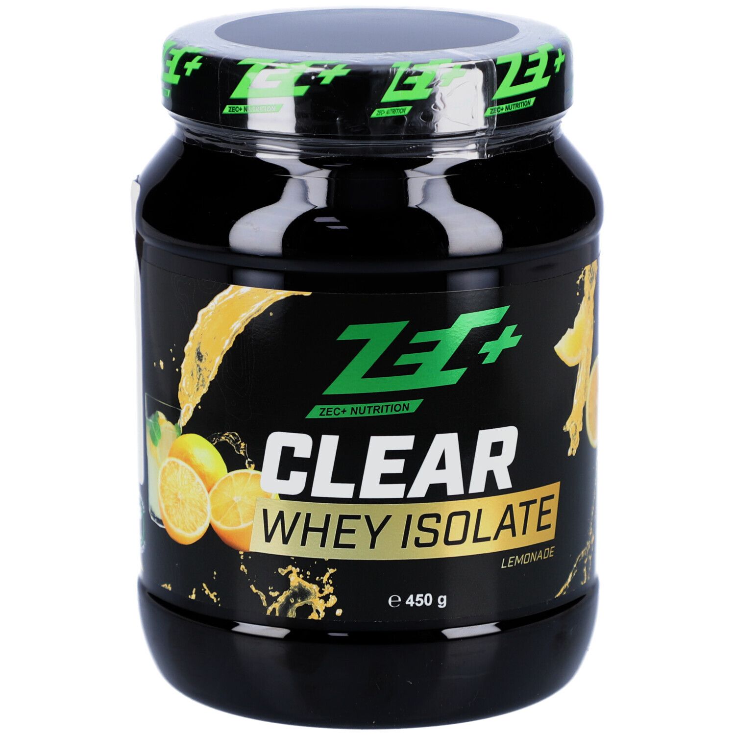 Boîte noire ZEC+ CLEAR WHEY ISOLATE. Inscription : Lemonade, 450 g. Couvercle avec logo vert.