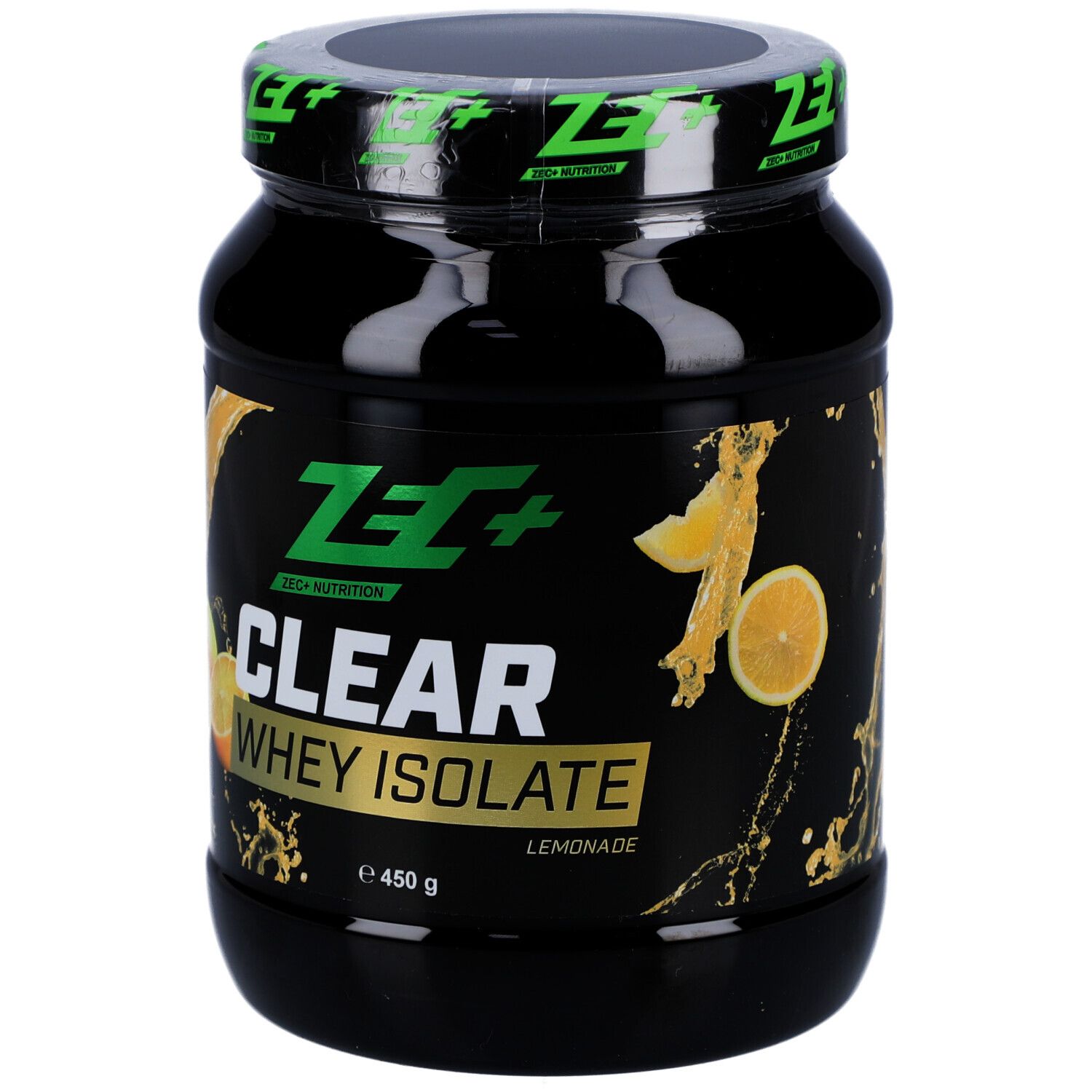Boîte noire ZEC+ CLEAR WHEY ISOLATE. Inscription : Lemonade, 450 g. Couvercle avec logo vert.