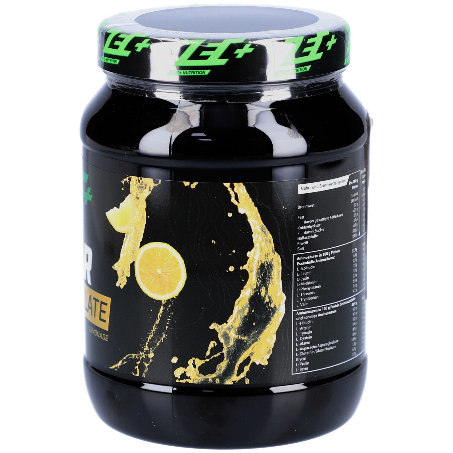 Boîte noire ZEC+ CLEAR WHEY ISOLATE. Inscription : Lemonade, 450 g. Couvercle avec logo vert.