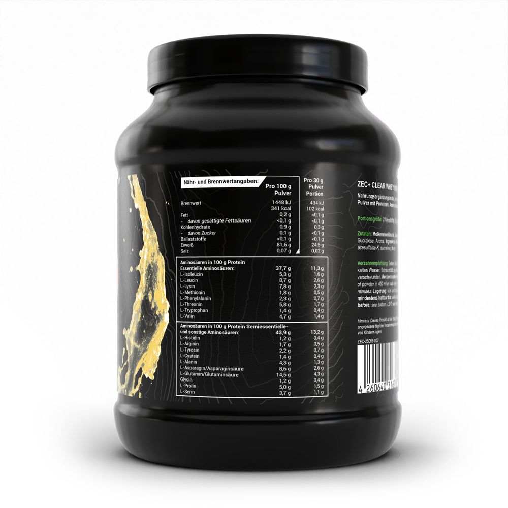 Dos de la boîte noire. Contient des informations nutritionnelles et des acides aminés. Fond noir.