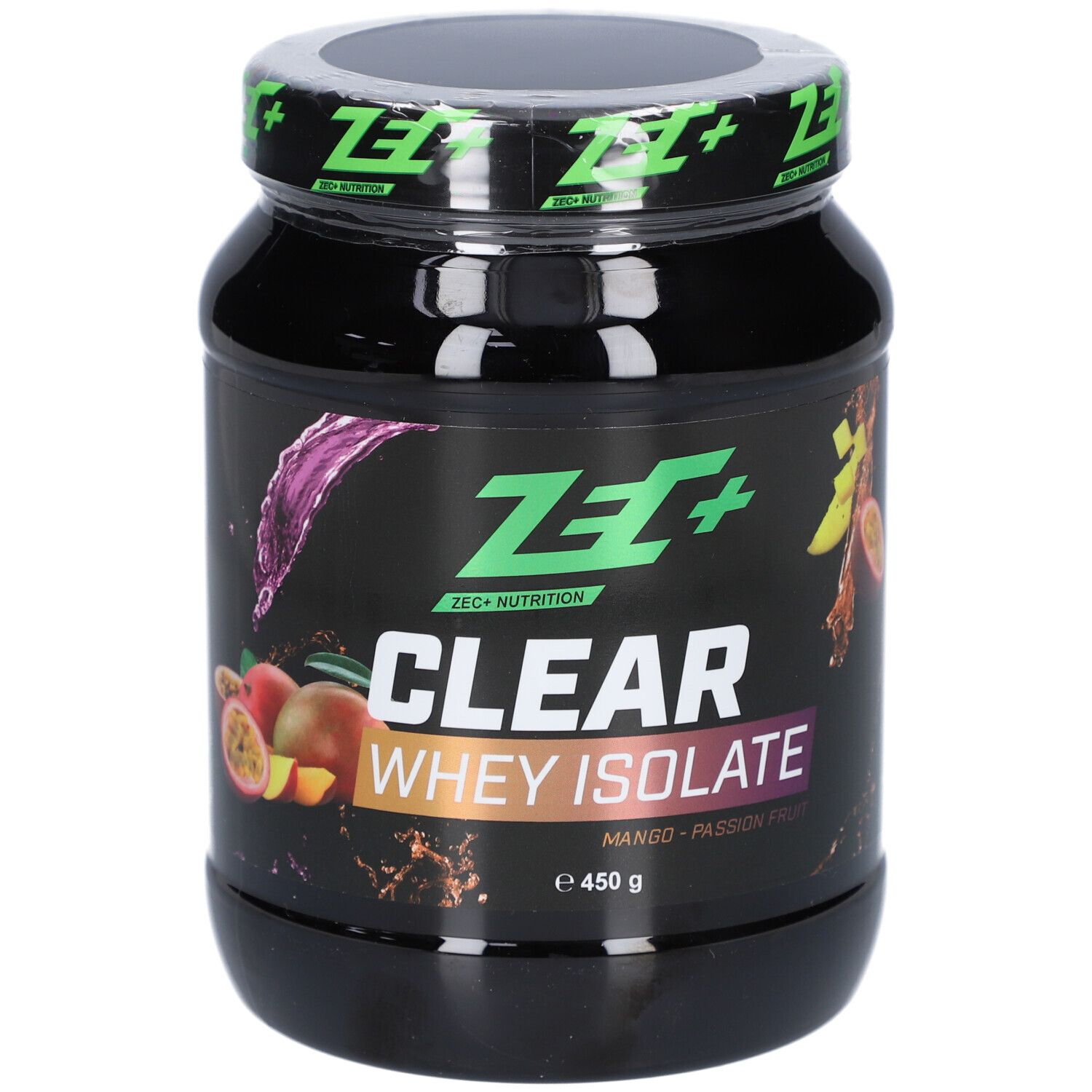 Schwarze Dose mit grünem Deckel. Aufschrift: ZEC+ CLEAR WHEY ISOLATE. Abbildung von Mango und Passionsfrucht.