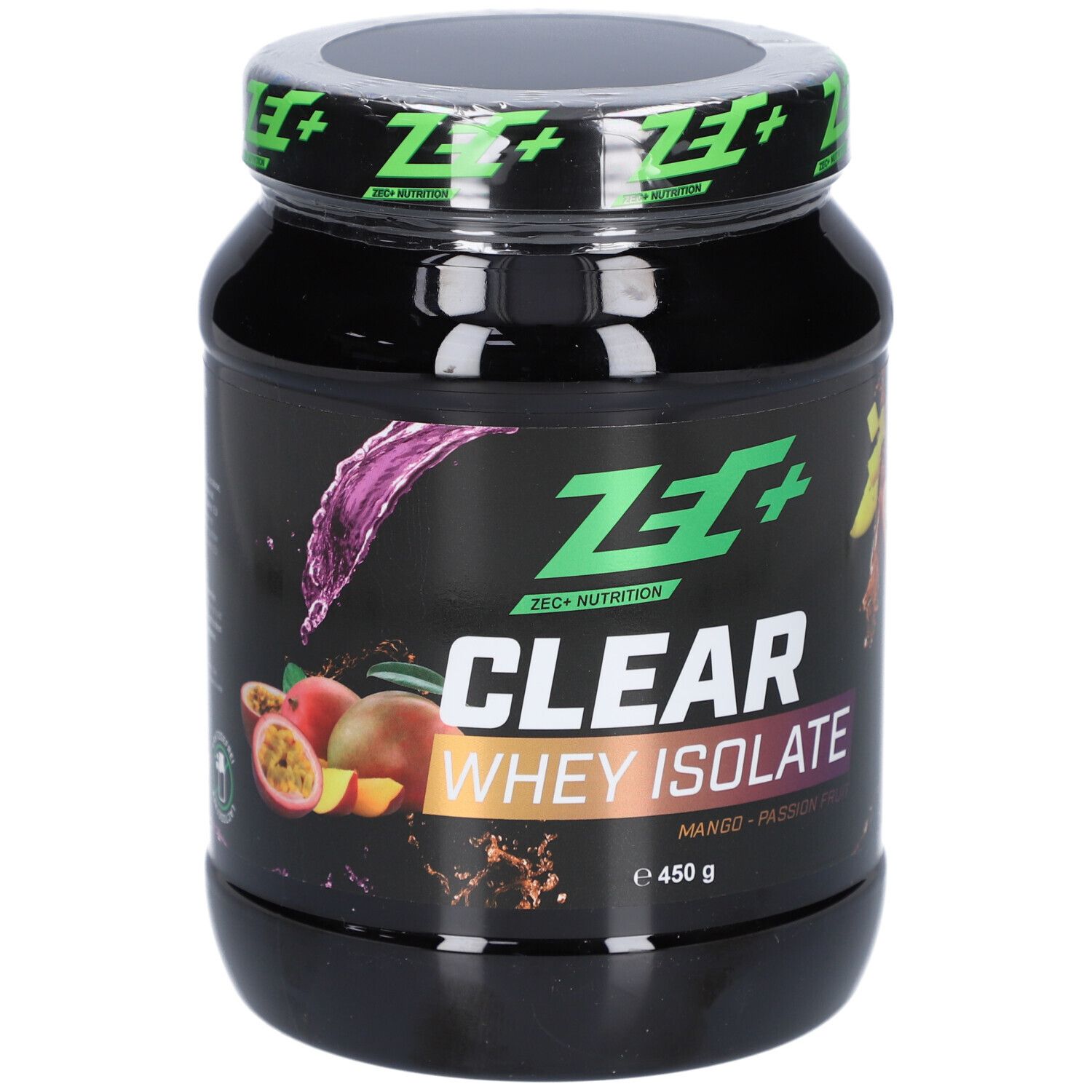 Schwarze Dose mit grünem Deckel. Aufschrift: ZEC+ CLEAR WHEY ISOLATE. Abbildung von Mango und Passionsfrucht. 450 g.