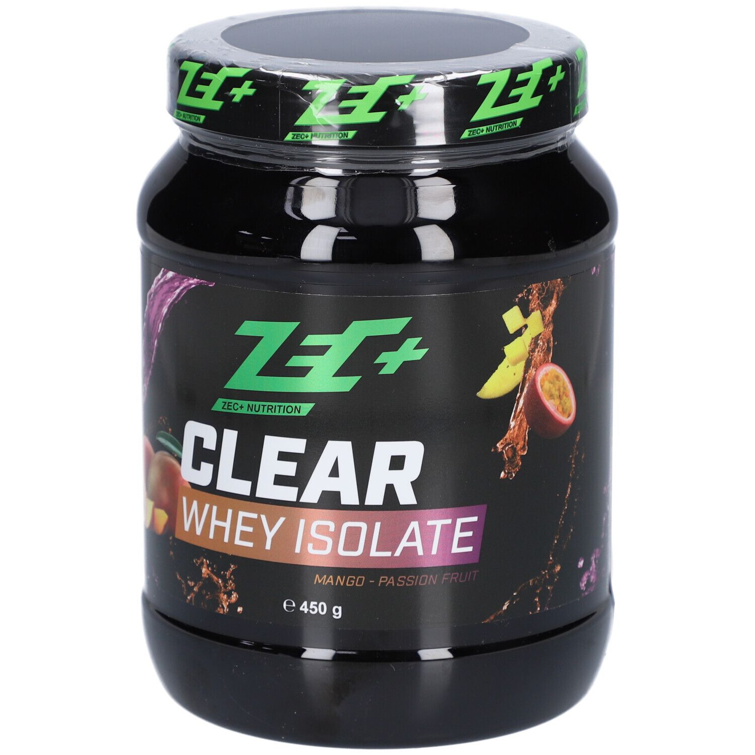 Schwarze Dose mit grünem Deckel. Aufschrift: ZEC+ CLEAR WHEY ISOLATE. Abbildung von Mango und Passionsfrucht. 450 g.