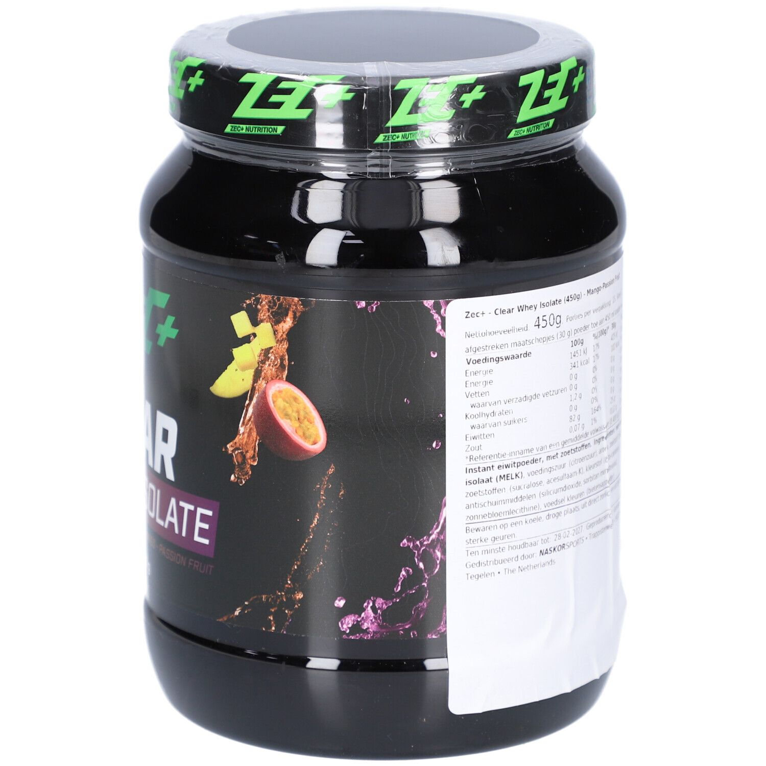 Schwarze Dose mit Etikett. Aufschrift: ZEC+ CLEAR WHEY ISOLATE. Abbildung von Mango und Passionsfrucht. Text in Niederländisch.