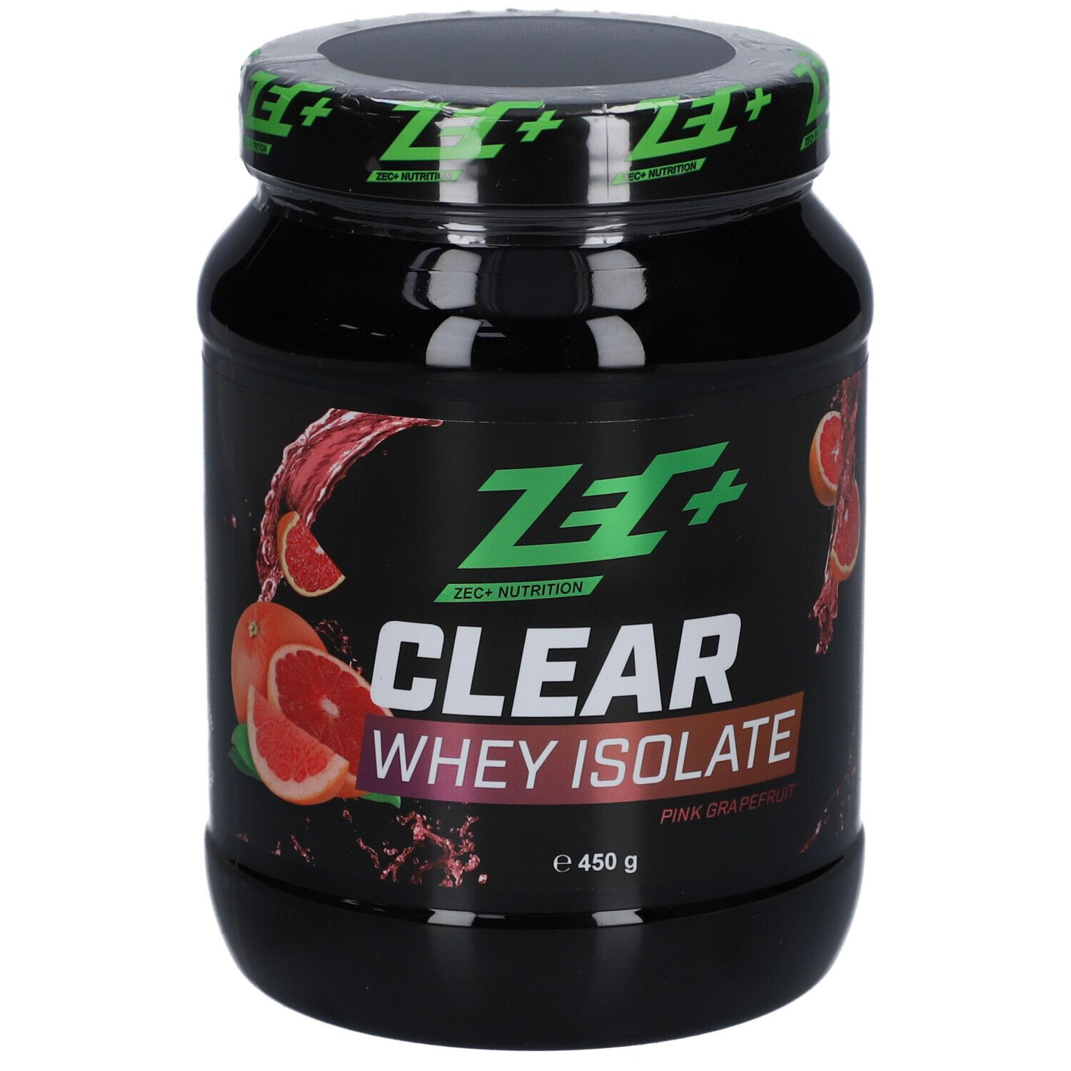 Schwarzes Behältnis mit grünem Deckel. Aufschrift: ZEC+ CLEAR WHEY ISOLATE, Pink Grapefruit. Abbildung von Grapefruit.