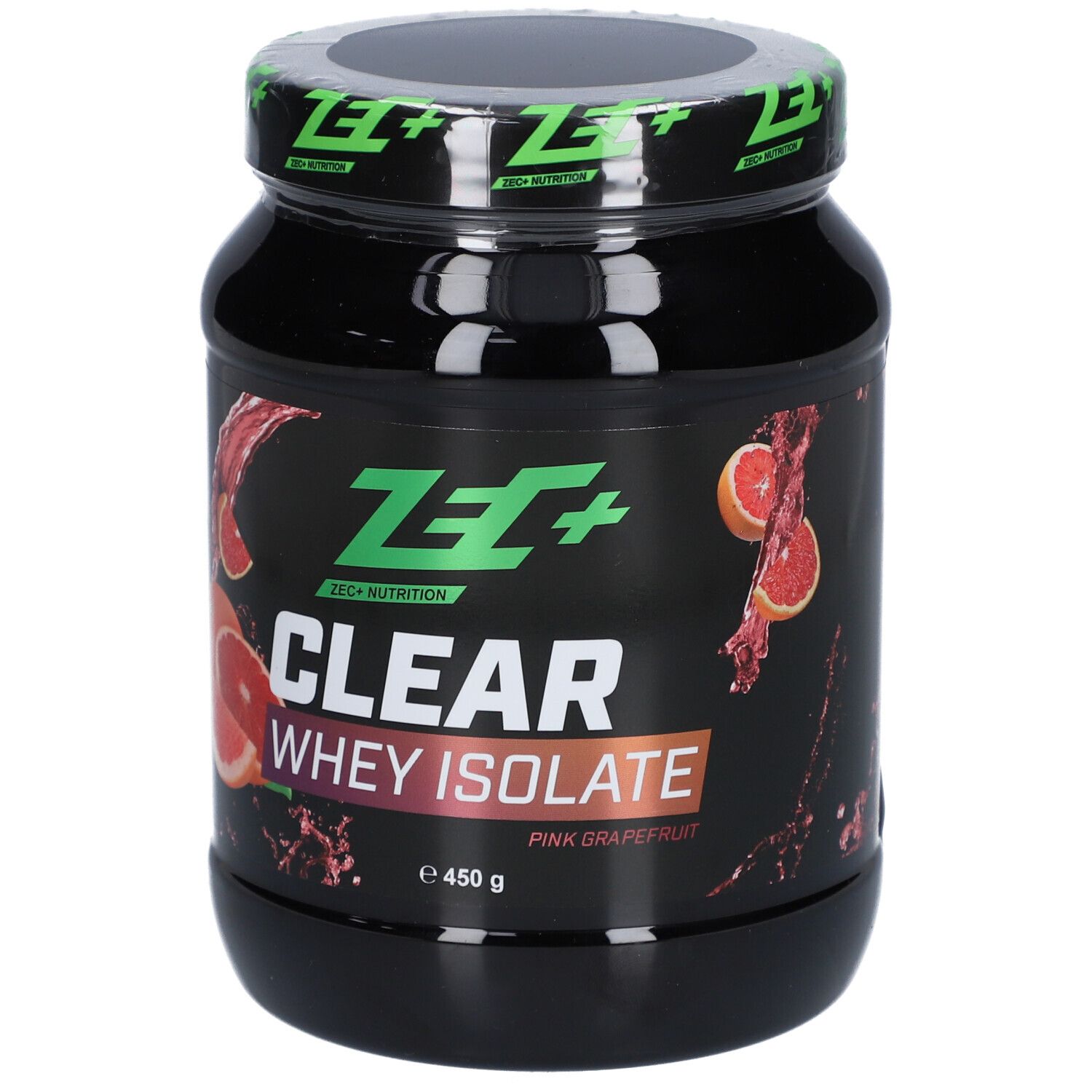 Schwarzes Behältnis mit grünem Deckel. Aufschrift: ZEC+ CLEAR WHEY ISOLATE, Pink Grapefruit. Abbildung von Grapefruit.