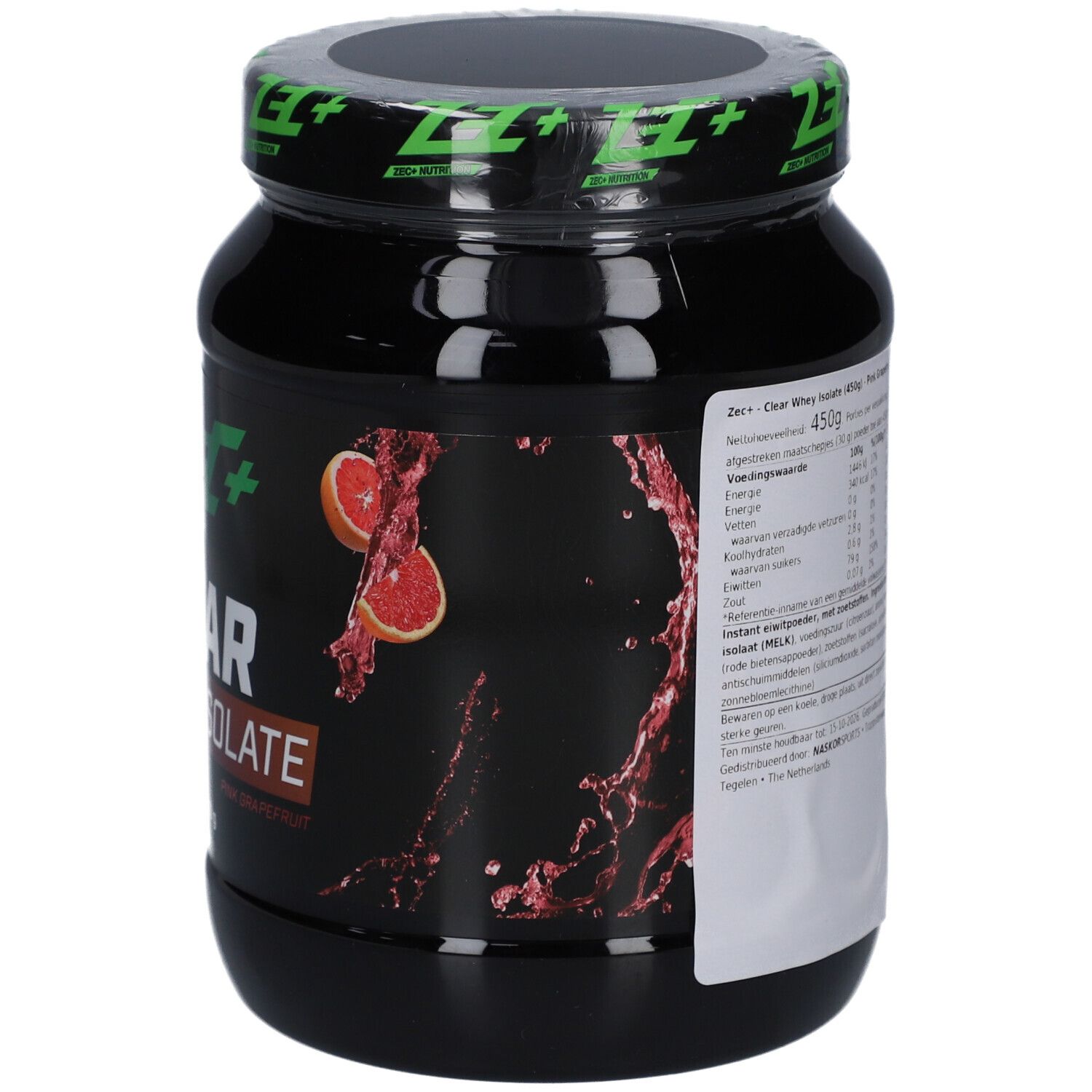 Schwarzes Behältnis mit grünem Deckel. Rückseite mit Text und Nährwertangaben. Abbildung von Grapefruit.