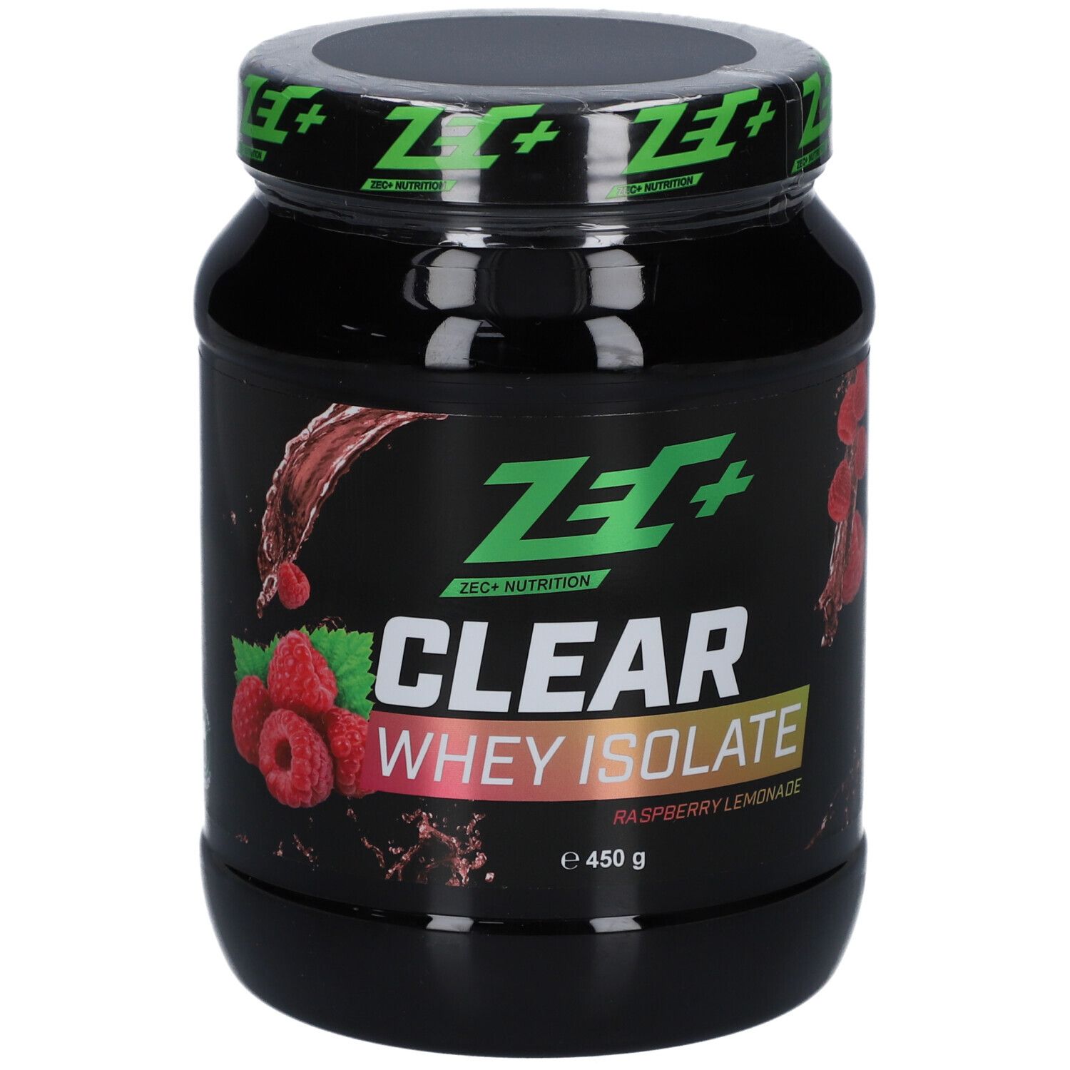 Schwarze Dose mit grünem Deckel. Aufschrift: ZEC+ CLEAR WHEY ISOLATE, Himbeer-Limonade. Abbildung von Himbeeren.