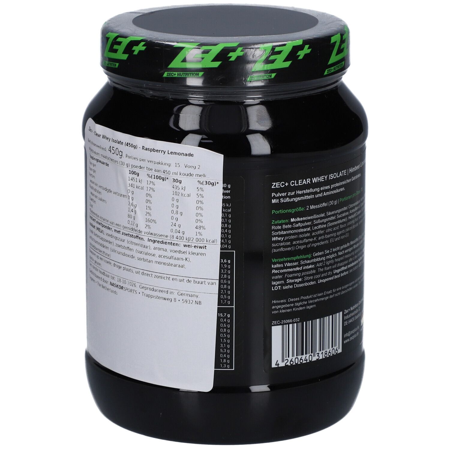 Schwarze Dose mit Etikett. Nährwertangaben und Zutatenliste. Text: ZEC+ CLEAR WHEY ISOLATE, Himbeer-Limonade. Barcode.