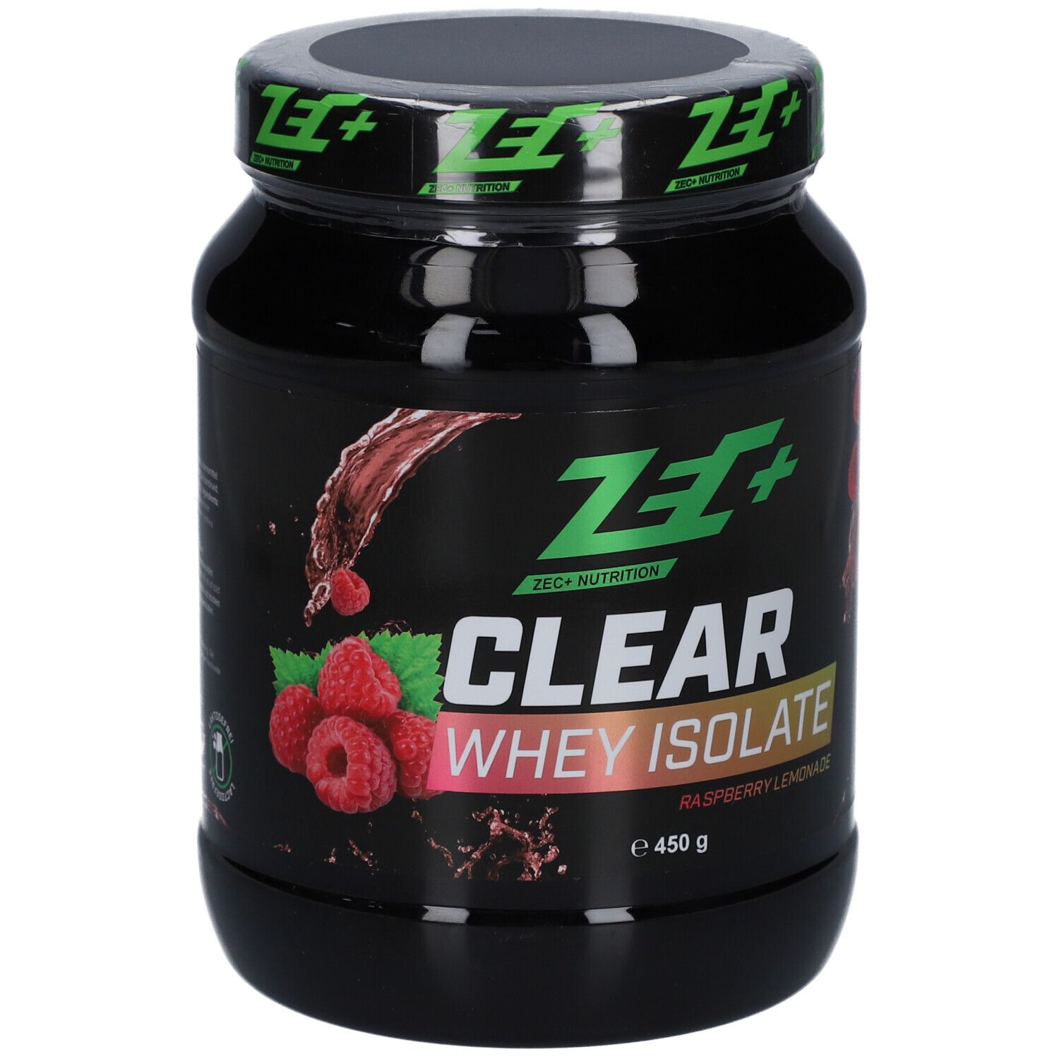 Schwarze Dose mit grünem Deckel. Aufschrift: ZEC+ CLEAR WHEY ISOLATE, Himbeer-Limonade. Abbildung von Himbeeren.