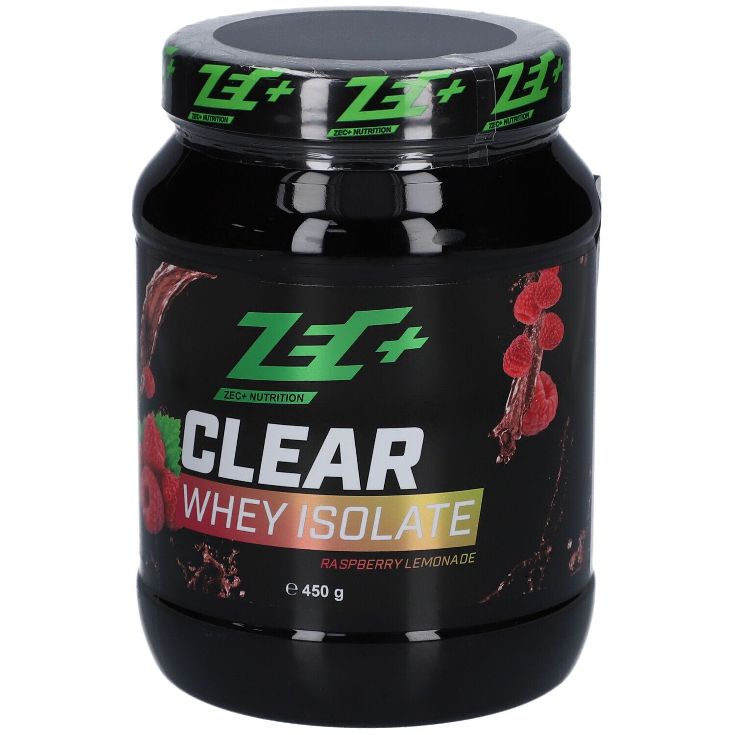 Schwarze Dose mit grünem Deckel. Aufschrift: ZEC+ CLEAR WHEY ISOLATE, Himbeer-Limonade. Abbildung von Himbeeren.