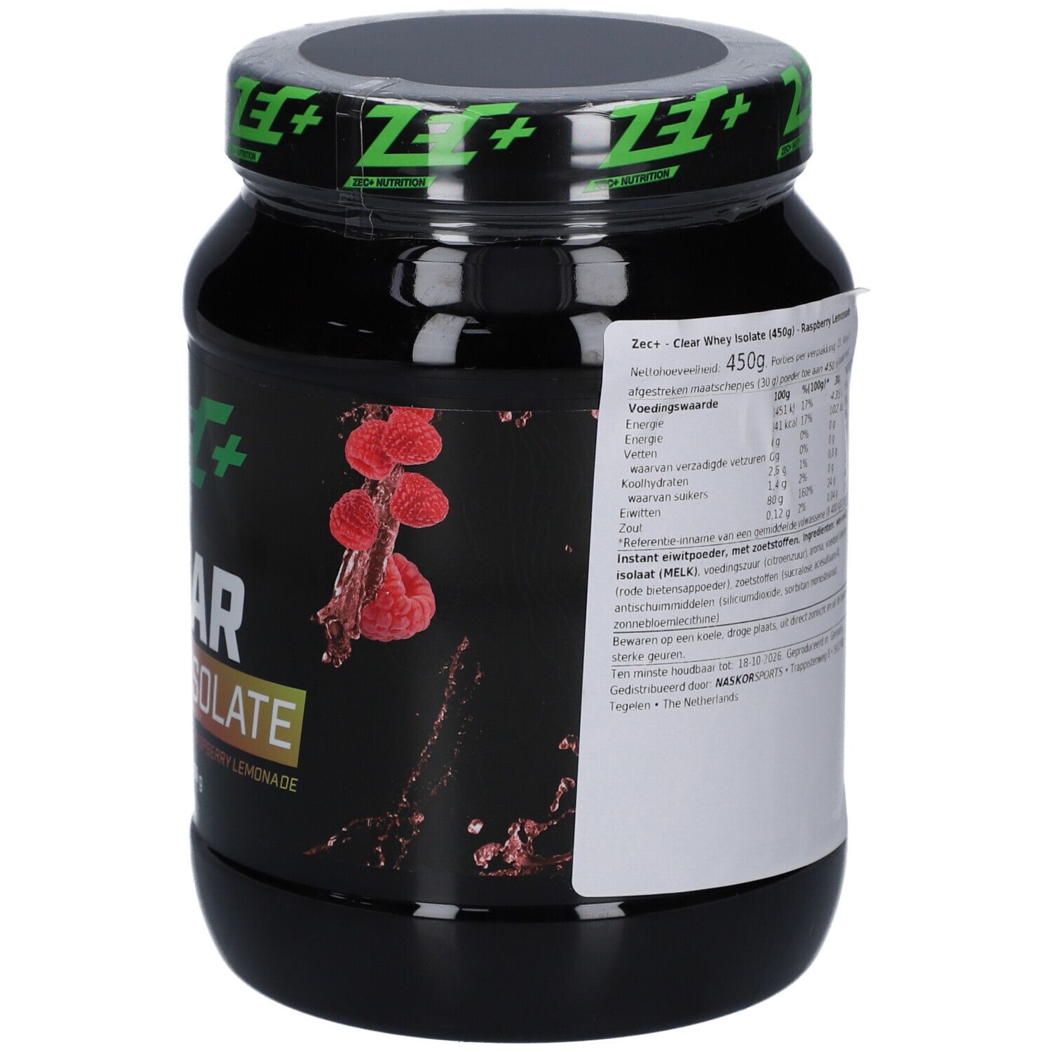Schwarze Dose mit Etikett. Text: ZEC+ CLEAR WHEY ISOLATE, Himbeer-Limonade. Nährwertangaben und Zutatenliste.