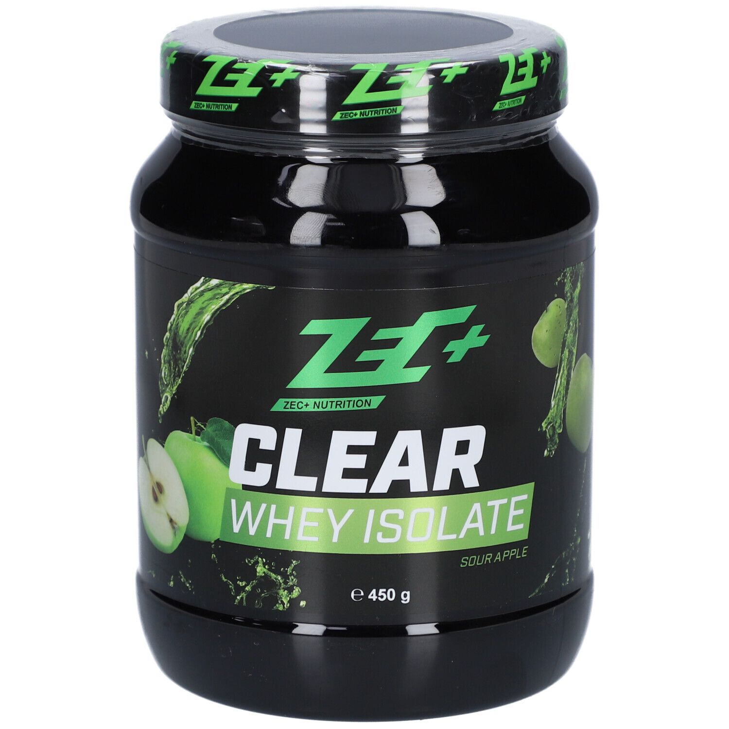 Schwarzes Proteinpulver-Behälter mit grünem Deckel. Aufschrift: ZEC+ CLEAR WHEY ISOLATE Saurer Apfel. Abbildung von Äpfeln.